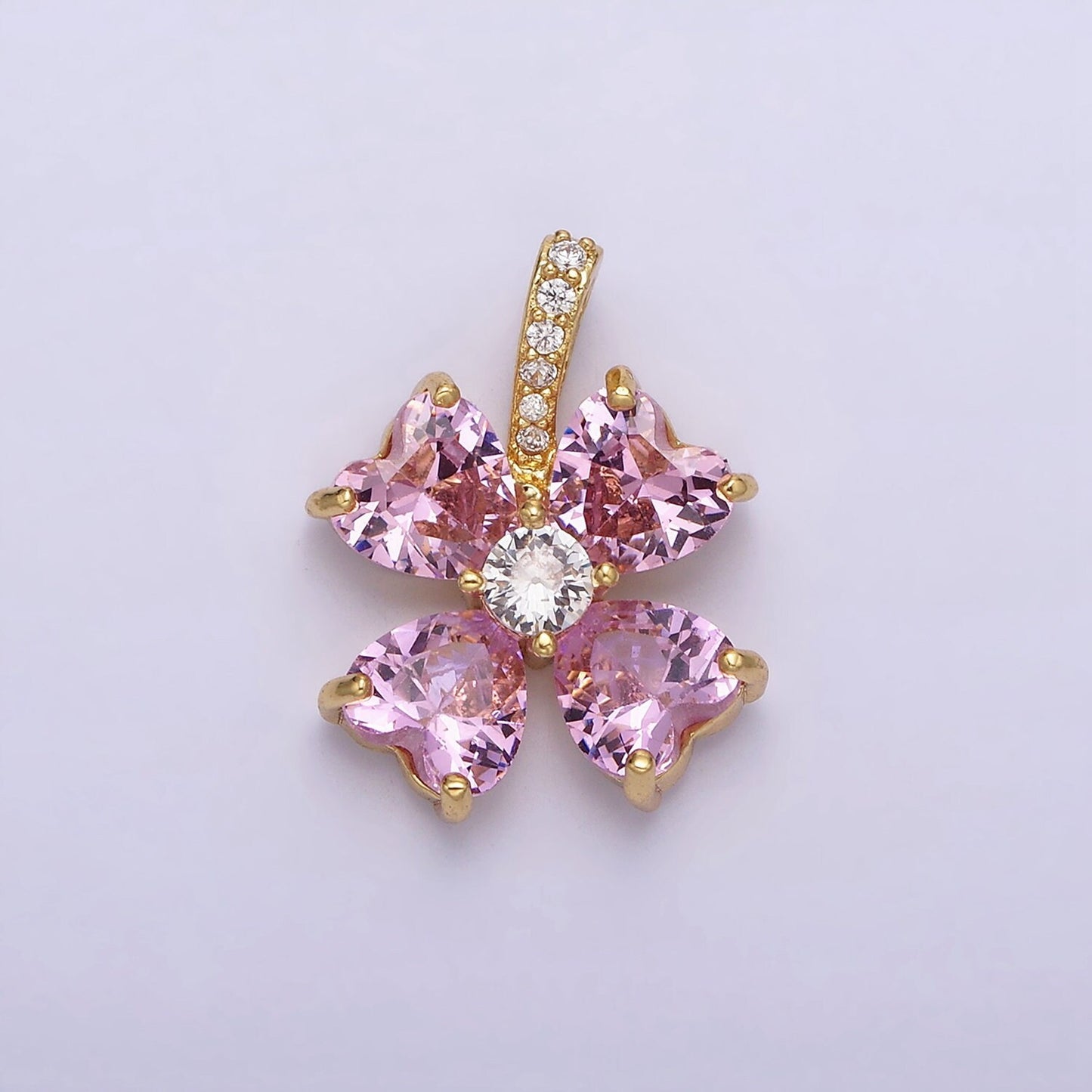 16K Gold Filled Pink Flower CZ Heart Petal Micro Paved Bail Pendant | AA539