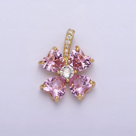 16K Gold Filled Pink Flower CZ Heart Petal Micro Paved Bail Pendant | AA539