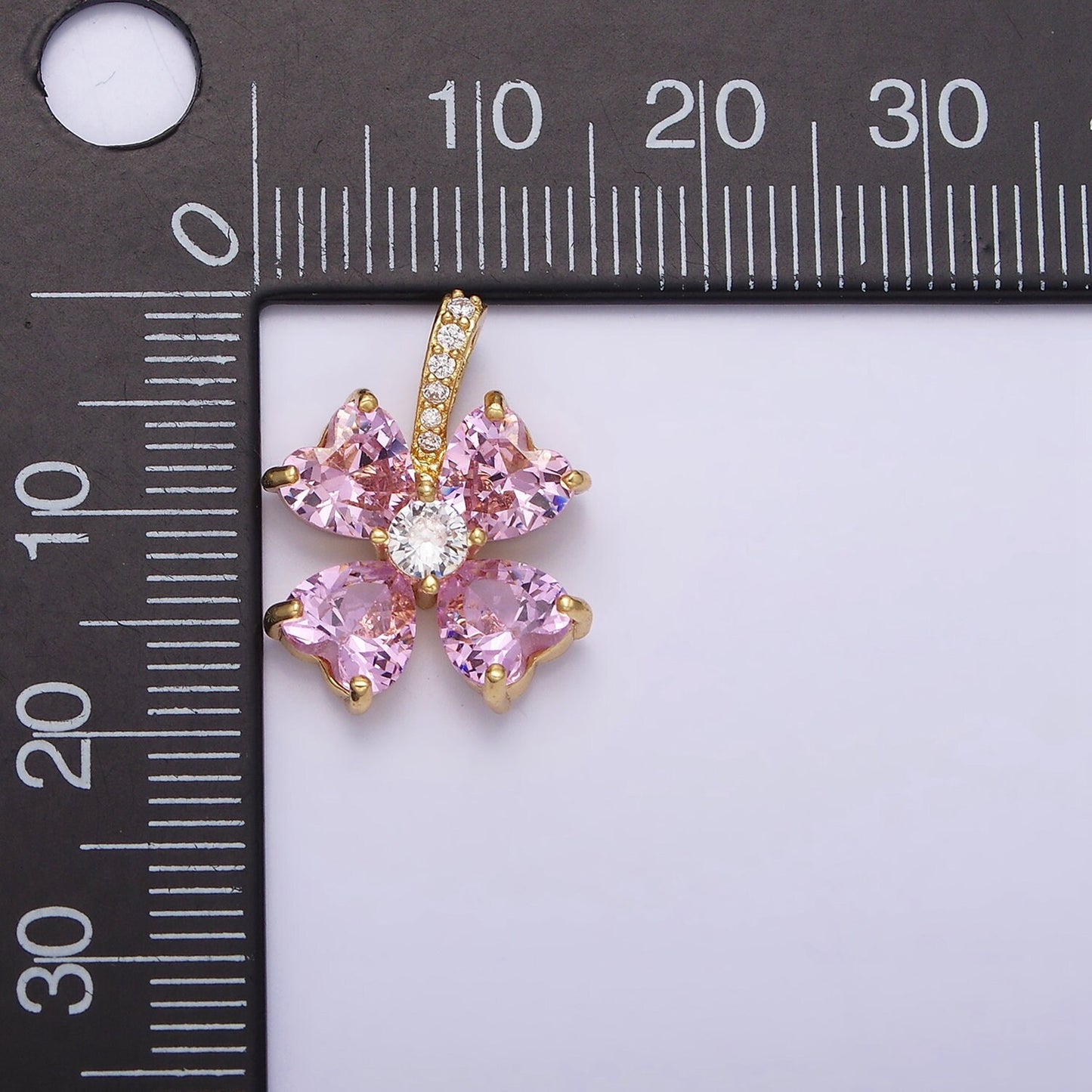 16K Gold Filled Pink Flower CZ Heart Petal Micro Paved Bail Pendant | AA539