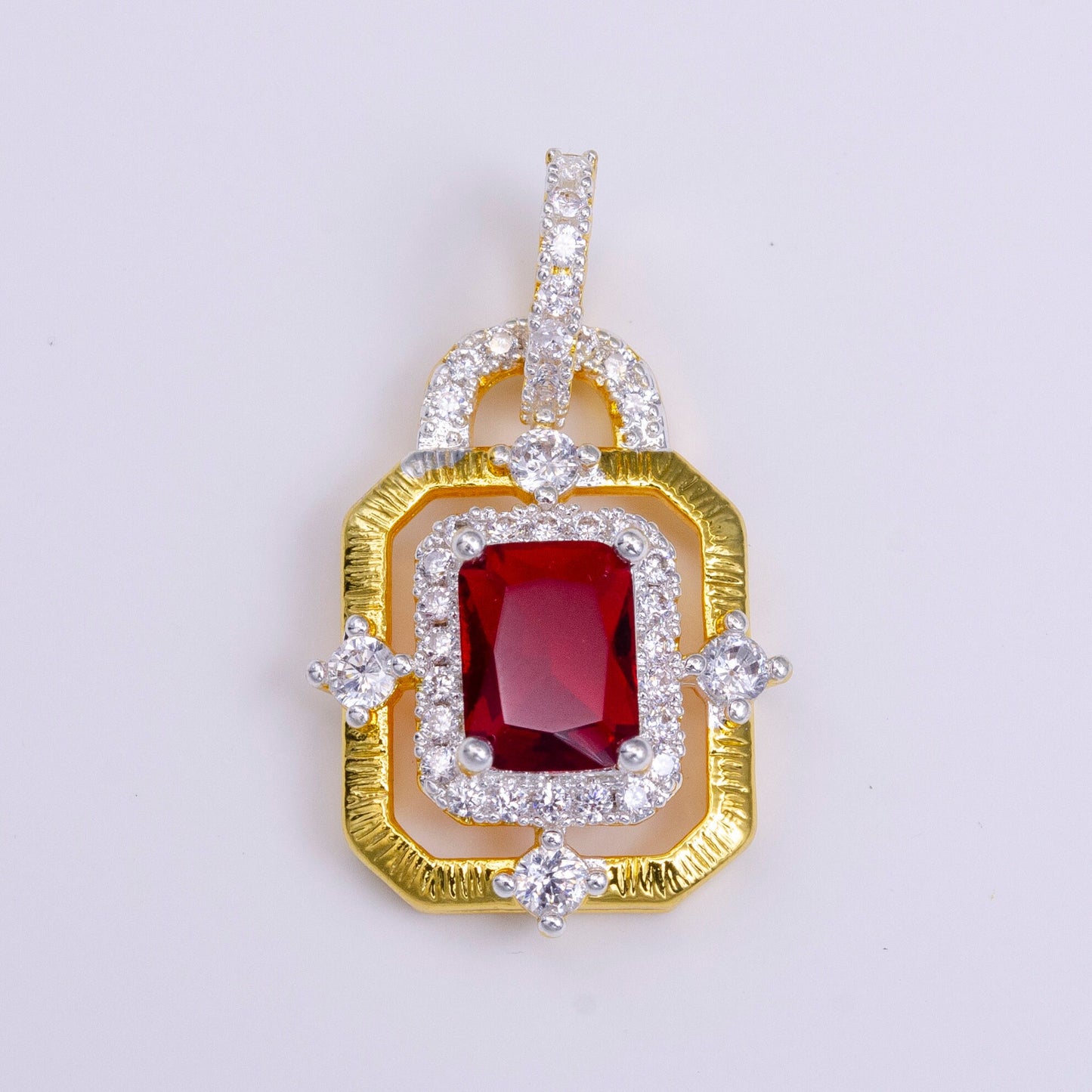 Elegant Gold CZ Crystals Square Pendant, 24K Gold Filled Red/Clear/Green Diamond Micro Paved Clear CZ Emerald Cut Stones Round Charm AA-526