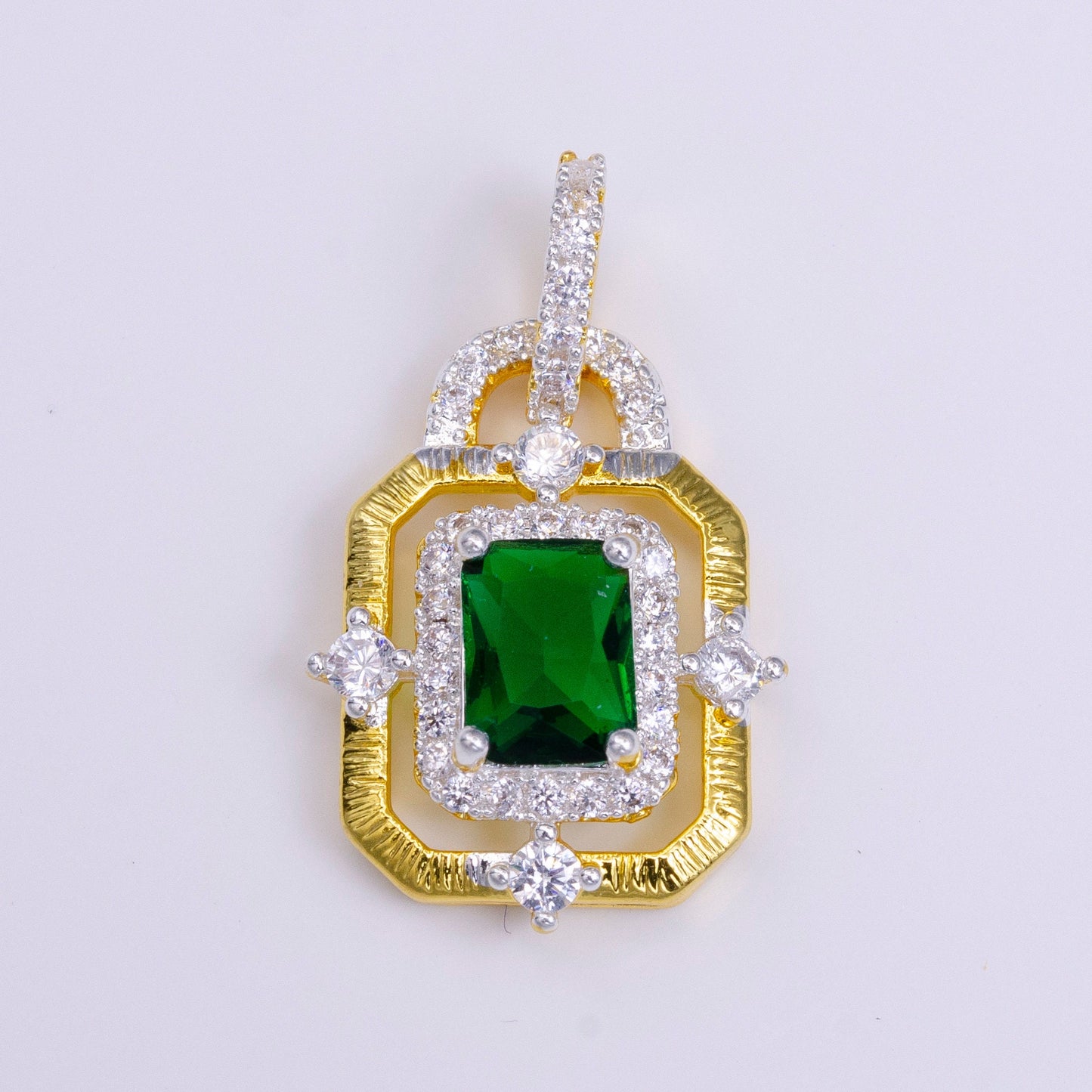 Elegant Gold CZ Crystals Square Pendant, 24K Gold Filled Red/Clear/Green Diamond Micro Paved Clear CZ Emerald Cut Stones Round Charm AA-526