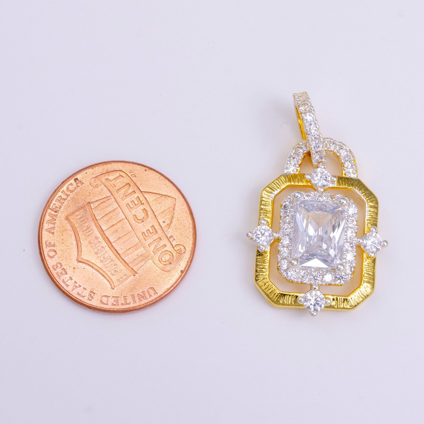 Elegant Gold CZ Crystals Square Pendant, 24K Gold Filled Red/Clear/Green Diamond Micro Paved Clear CZ Emerald Cut Stones Round Charm AA-526