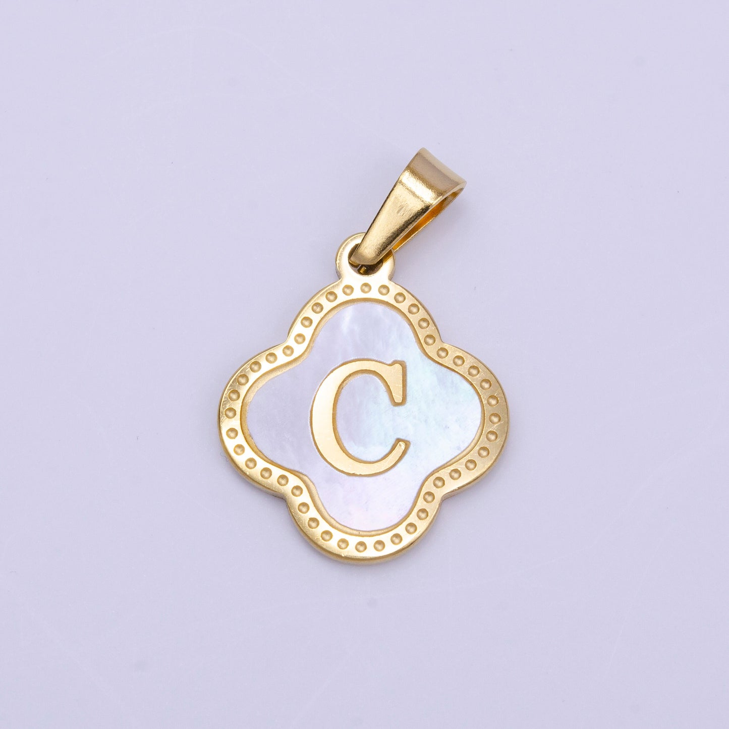 Gold Pearl Letter Charm Gold Clover Alphabet Charm Shell Letter Pendant Personalized Initial Charm Stainless Steel Tarnish Free AD677