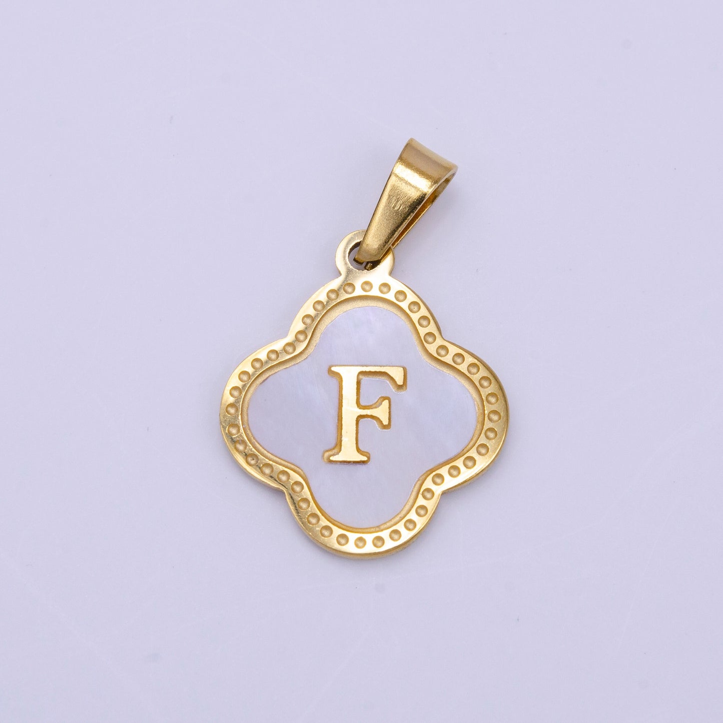 Gold Pearl Letter Charm Gold Clover Alphabet Charm Shell Letter Pendant Personalized Initial Charm Stainless Steel Tarnish Free AD677