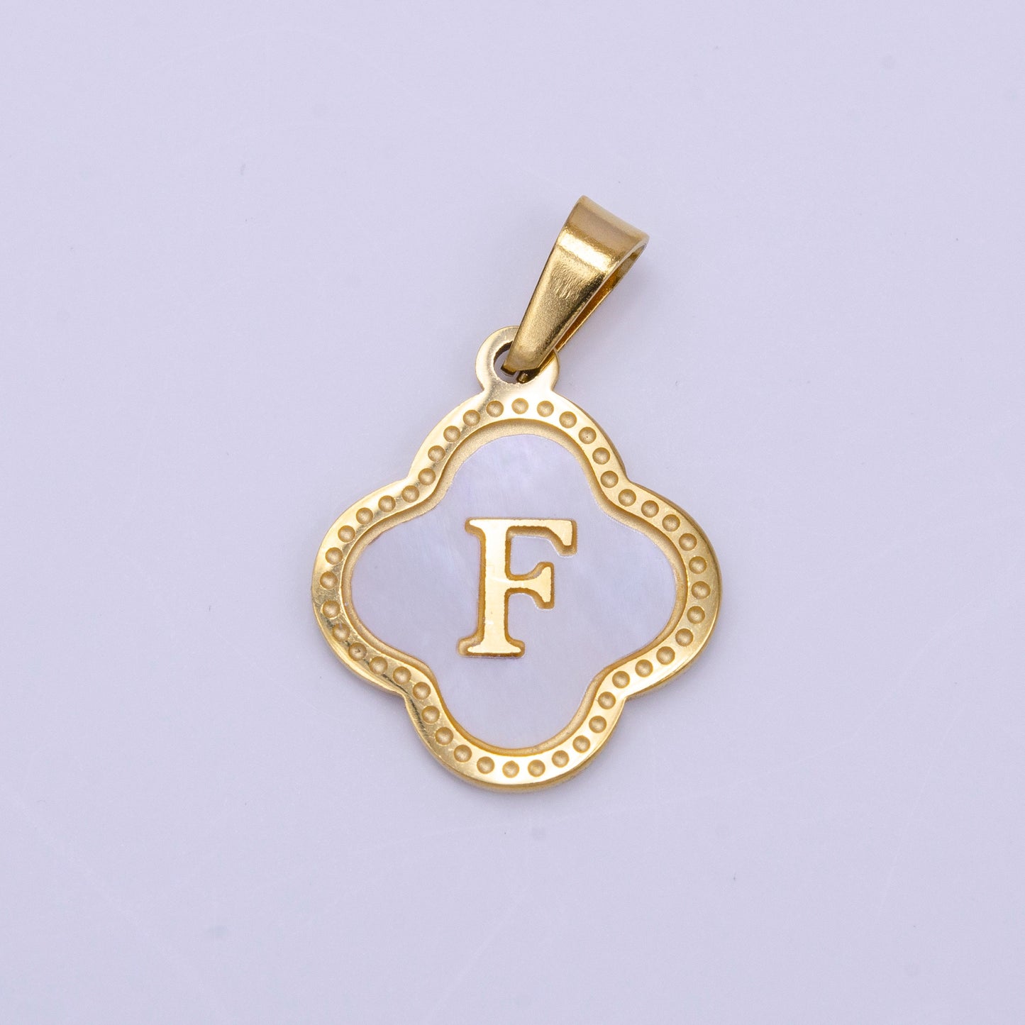 Gold Pearl Letter Charm Gold Clover Alphabet Charm Shell Letter Pendant Personalized Initial Charm Stainless Steel Tarnish Free A741