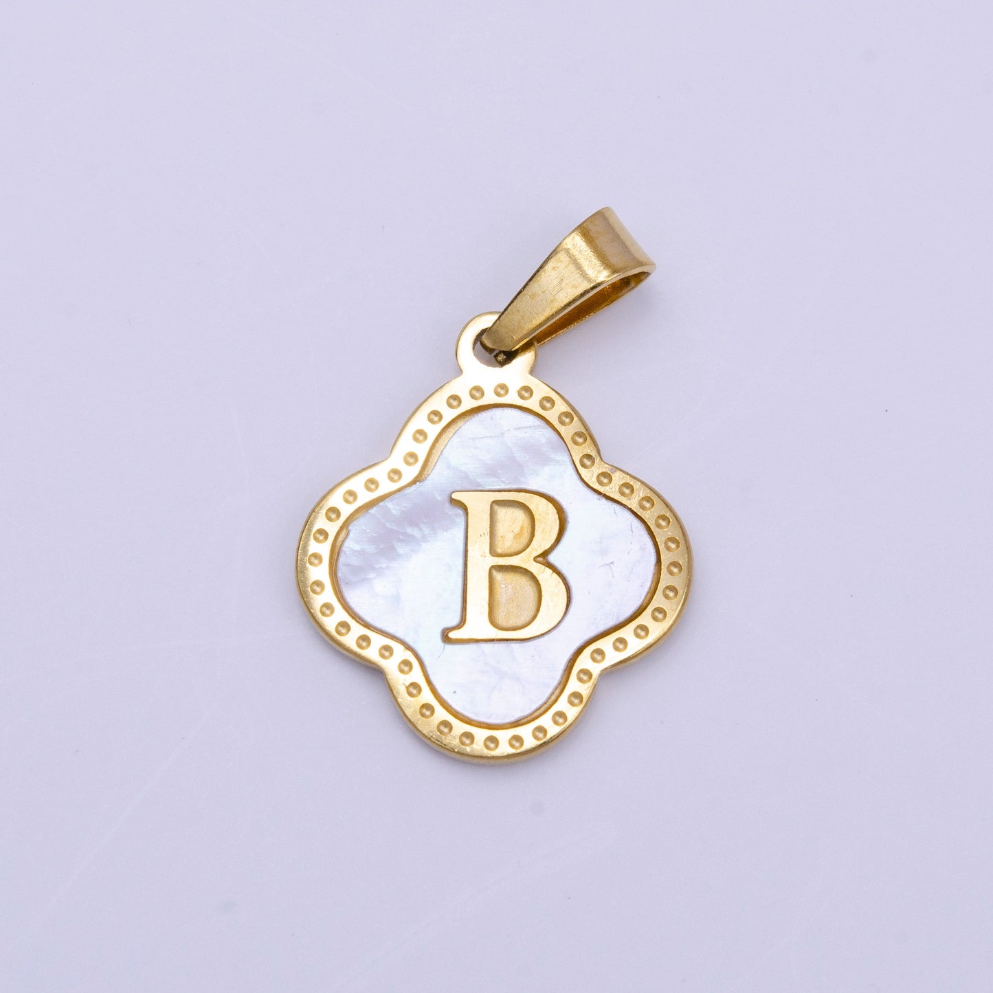 Gold Pearl Letter Charm Gold Clover Alphabet Charm Shell Letter Pendant Personalized Initial Charm Stainless Steel Tarnish Free A741