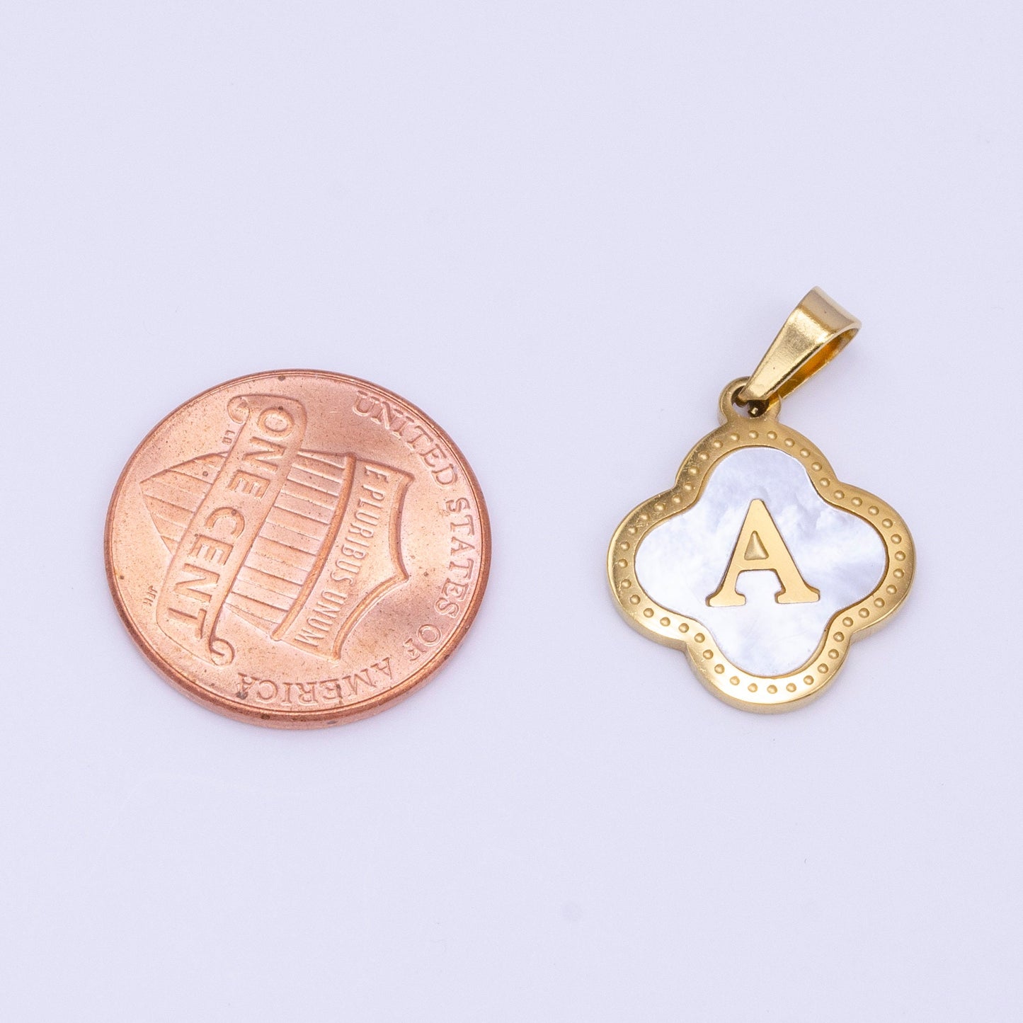 Gold Pearl Letter Charm Gold Clover Alphabet Charm Shell Letter Pendant Personalized Initial Charm Stainless Steel Tarnish Free A741