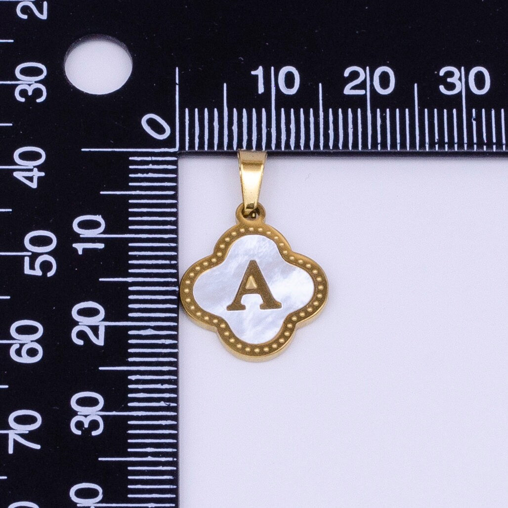 Quaterfoil Pearl Letter Charm Gold Clover Alphabet Charm Shell Letter Pendant Personalized Initial Charm Stainless Steel Tarnish Free AD677