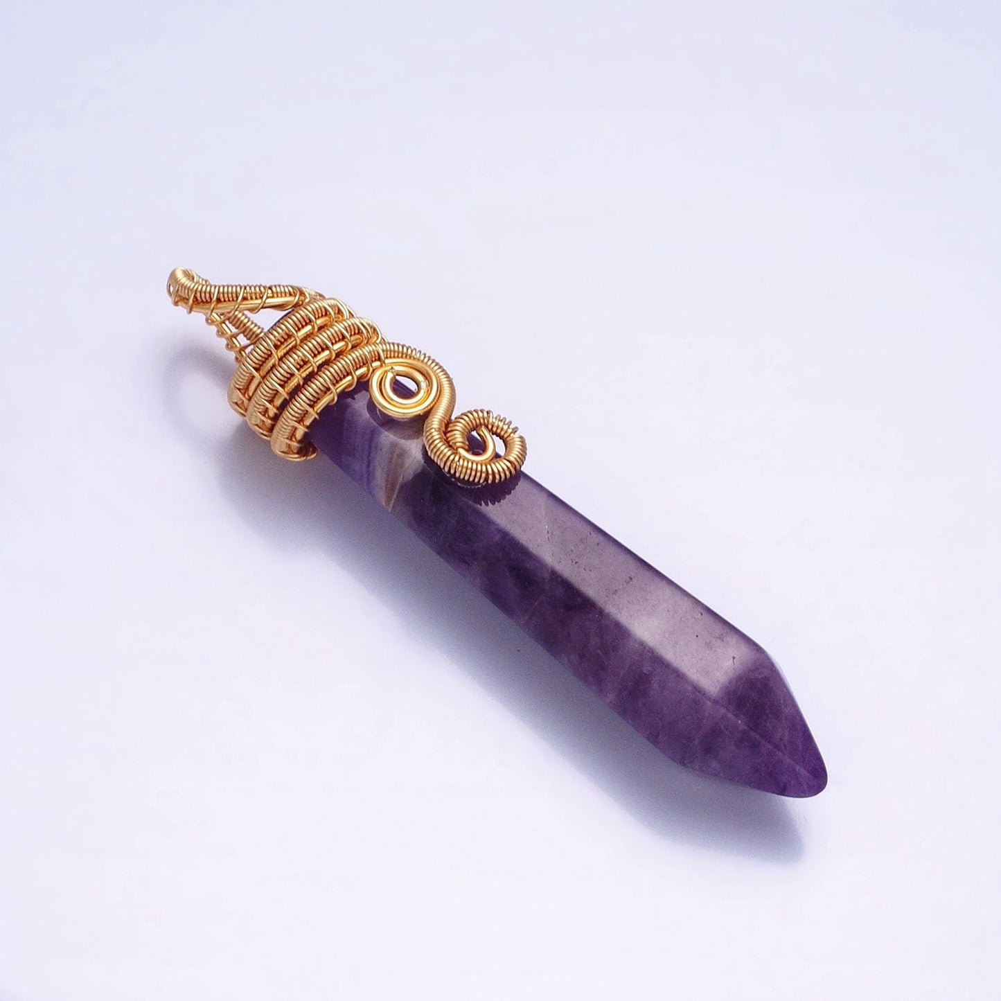 Long Amethyst Crystal Pointed Bullet Pendant - Purple Amethyst Pendulum Wrap Wire Gold Filled Charm Crystal Pendulum for Necklace Supply