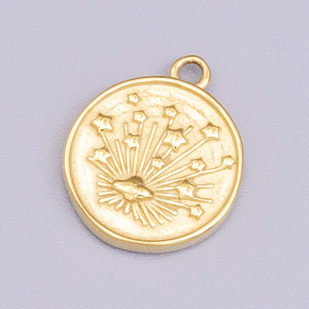 Gold Stainless Steel Galaxy Coin Medallion Pendant Round Star Burst Charm For Jewelry Tarnish Free | P-912