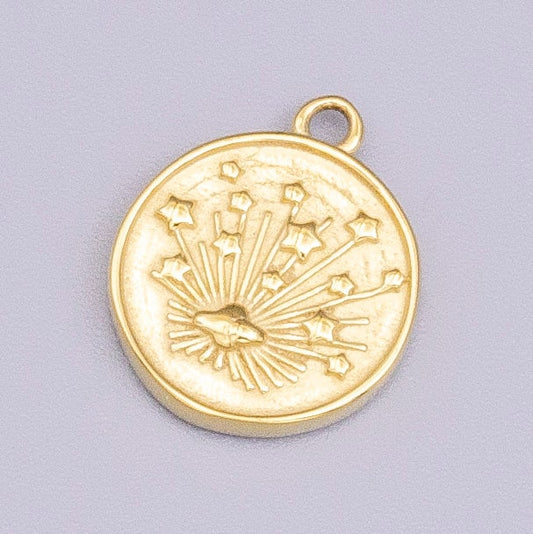 Gold Stainless Steel Galaxy Coin Medallion Pendant Round Star Burst Charm For Jewelry Tarnish Free | P-912