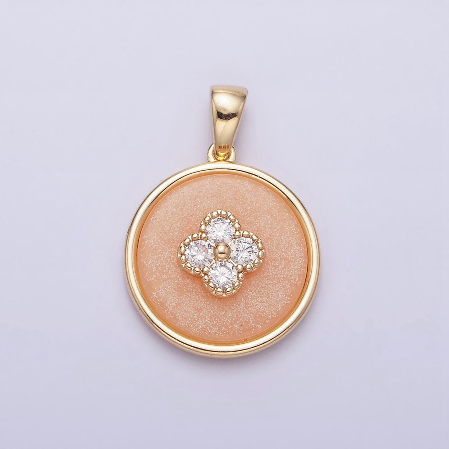 16K Gold Filled Clear CZ Clover Quatrefoil Peach Orange Cat's Eye Pendant | AA536