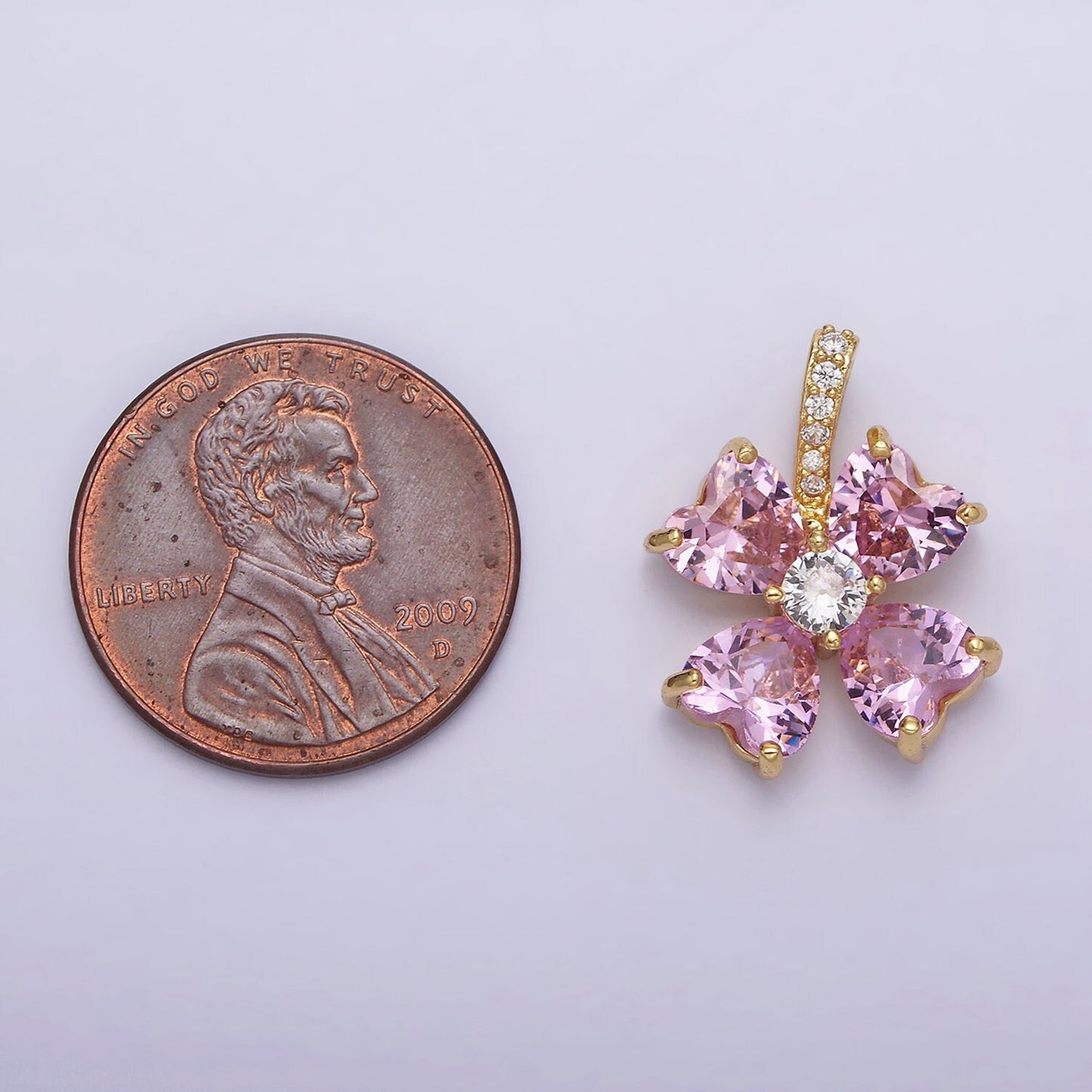 16K Gold Filled Pink Flower CZ Heart Petal Micro Paved Bail Pendant | AA539