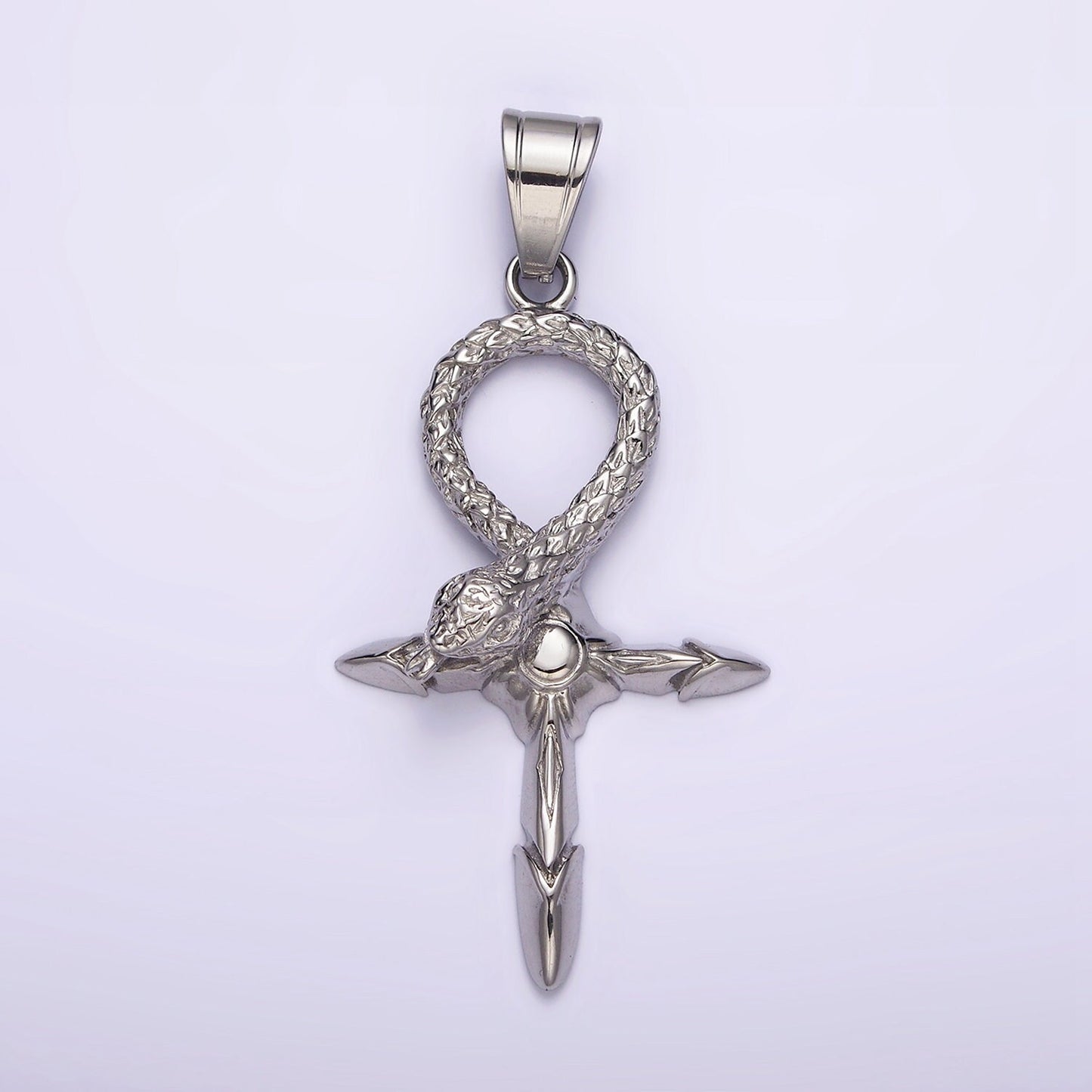 Large Ankh Stainless Steel Cross Pendant, Snake Serpent Charm Unisex Men Necklace Jewelry Findings J-746