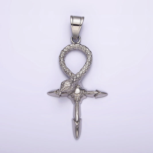 Large Ankh Stainless Steel Cross Pendant, Snake Serpent Charm Unisex Men Necklace Jewelry Findings J-746