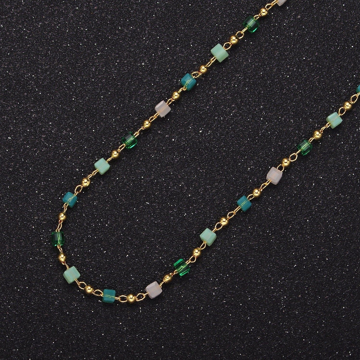 16K Gold Filled Green Blue Turquoise Cube Bead Satellite Chain, Unfinished Satellite Ball Chain for Jewelry Making Supply ROLL-1390