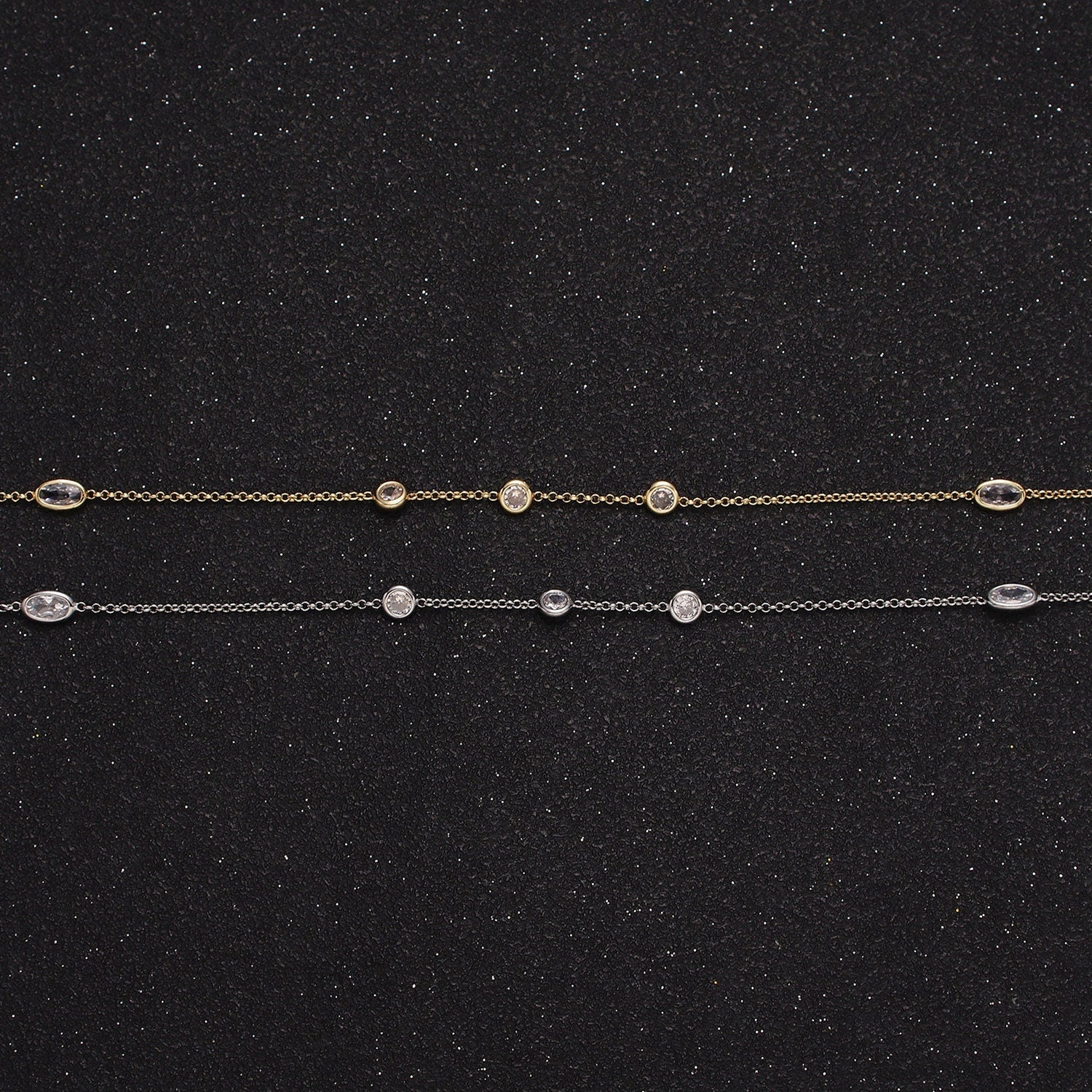 16K Gold Filled Clear Round Oval CZ Rolo Unfinished Chain in Gold & Silver Satellite Chain for Jewelry Making | ROLL-1365 ROLL-1366