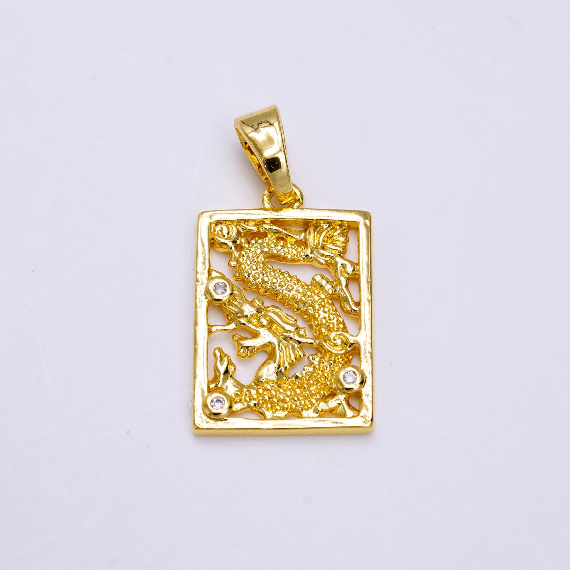 Dragon Rectangle Necklace Charm Gold CZ Dragon Necklace Pendant Chinese Dragon Amulet Necklace Component AA-778