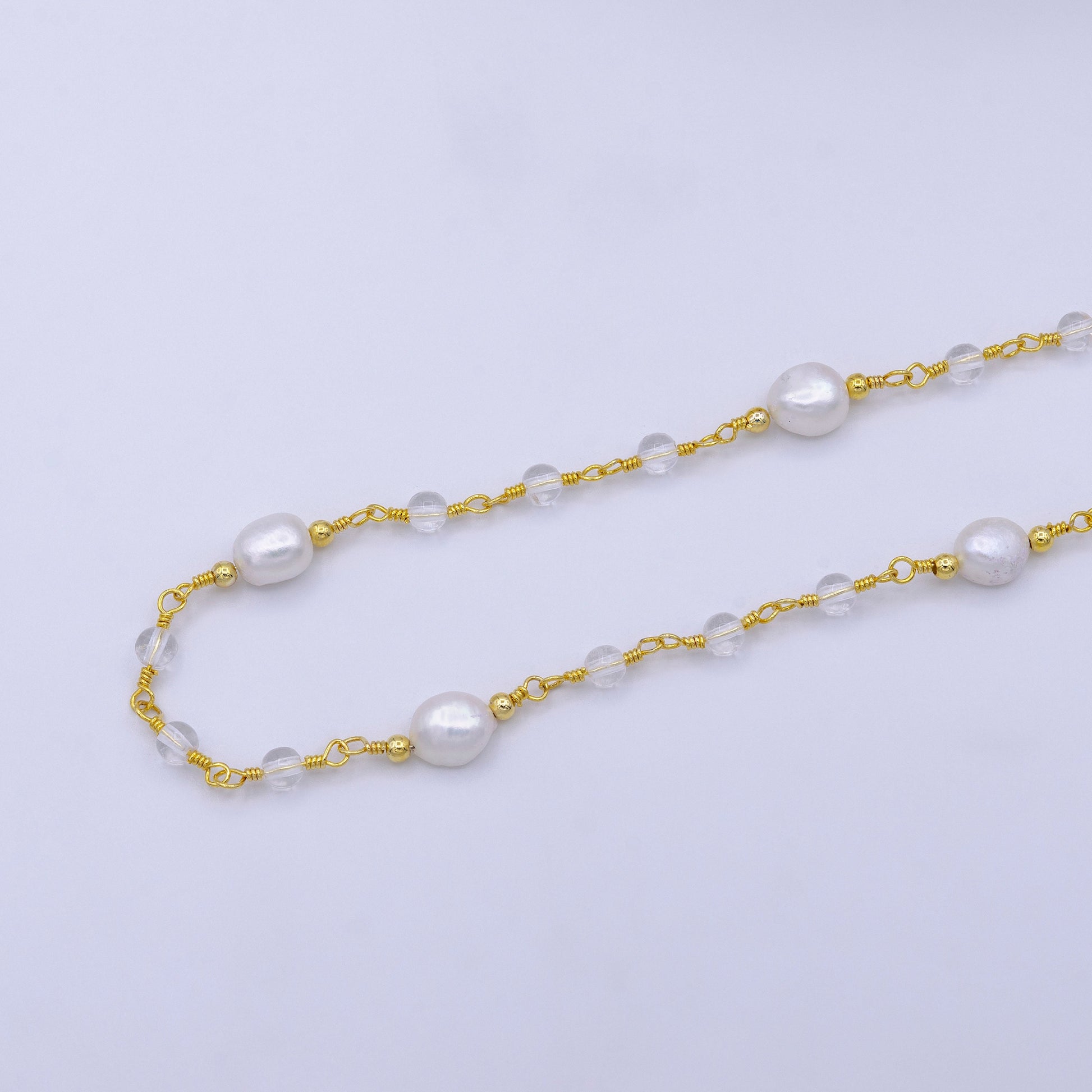 14K Gold Filled Pearl Chain, White Freshwater Pearl Rosary Chain, Bulk Chain Clear Quartz Beads Beaded Unfinished Chain by Yard Roll-1214