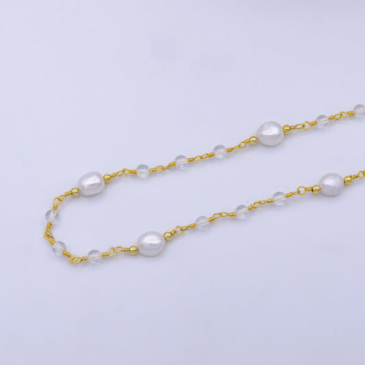 14K Gold Filled Pearl Chain, White Freshwater Pearl Rosary Chain, Bulk Chain Clear Quartz Beads Beaded Unfinished Chain by Yard Roll-1214