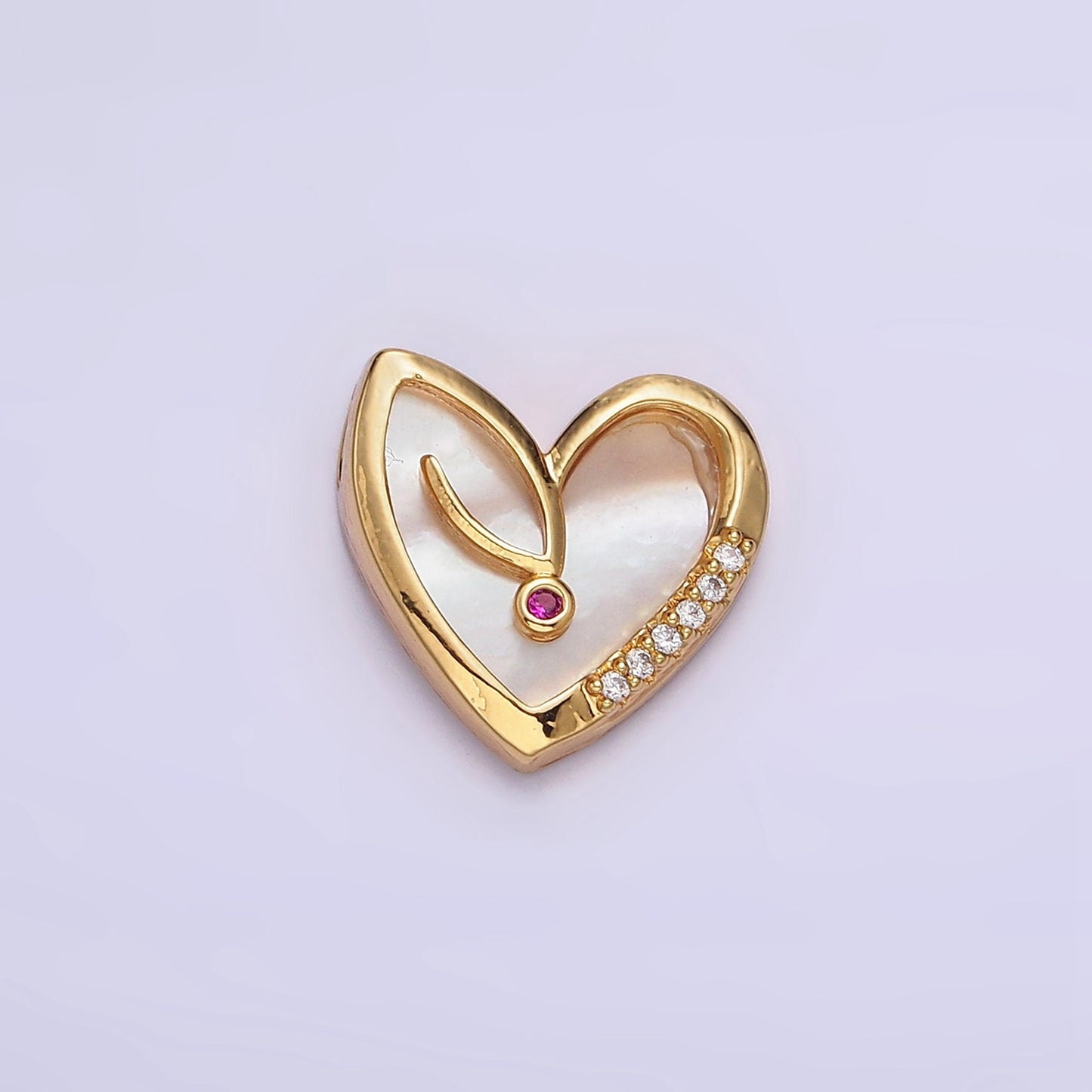 18K Gold Filled Fuchsia CZ Micro Paved Shell Pearl Heart Charm | AC1435