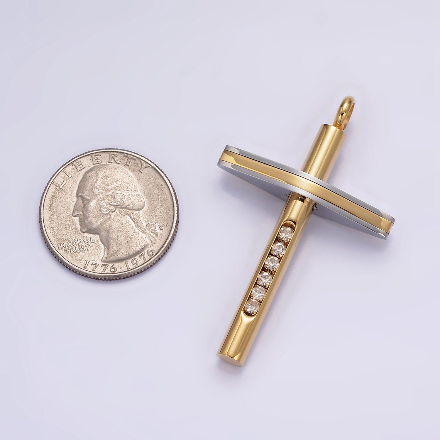 Stainless Steel Cross Pendant Two Tone Color Mixed Metal Cross Clear CZ Lined Pendant in Gold & Black | P711 P712