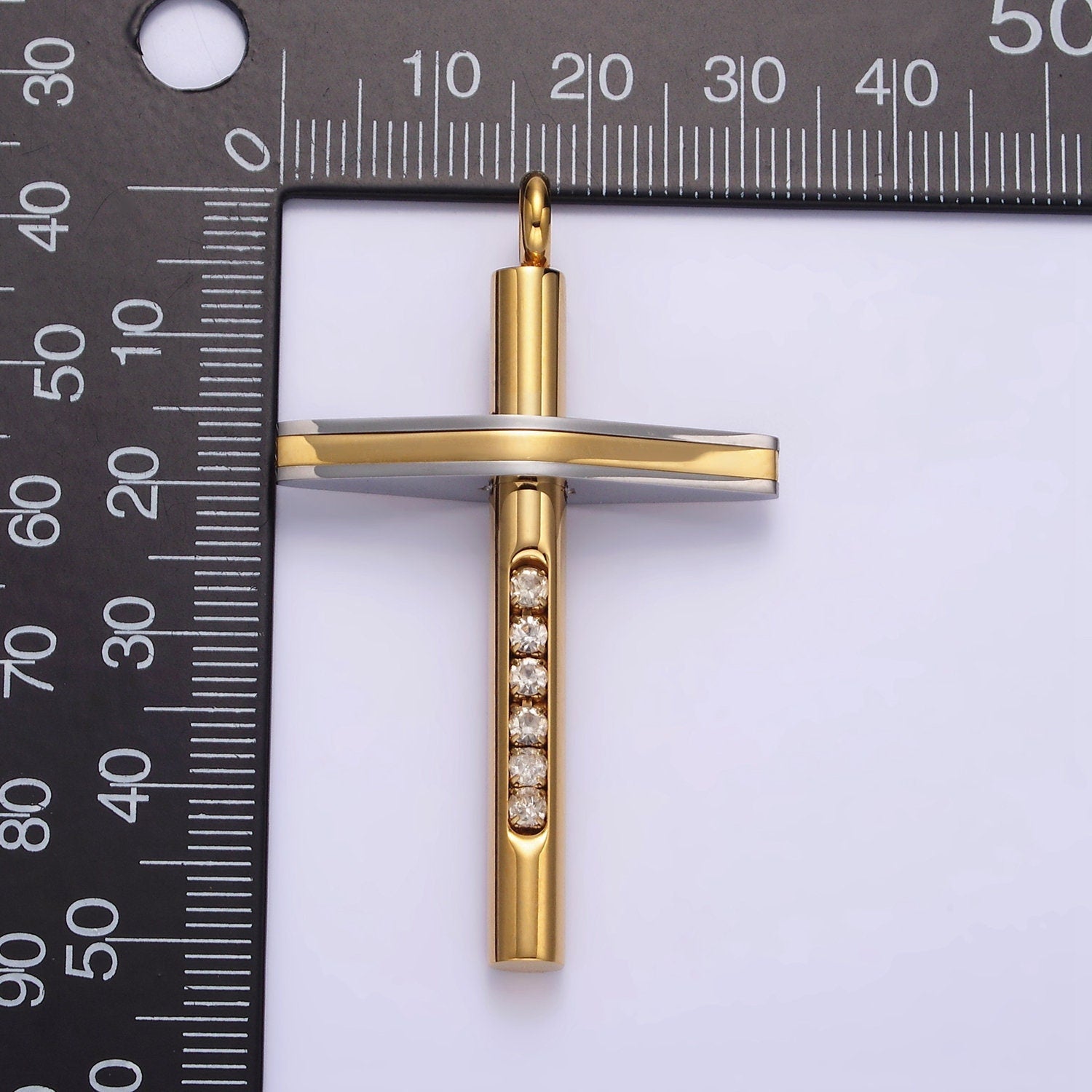 Stainless Steel Cross Pendant Two Tone Color Mixed Metal Cross Clear CZ Lined Pendant in Gold & Black | P711 P712