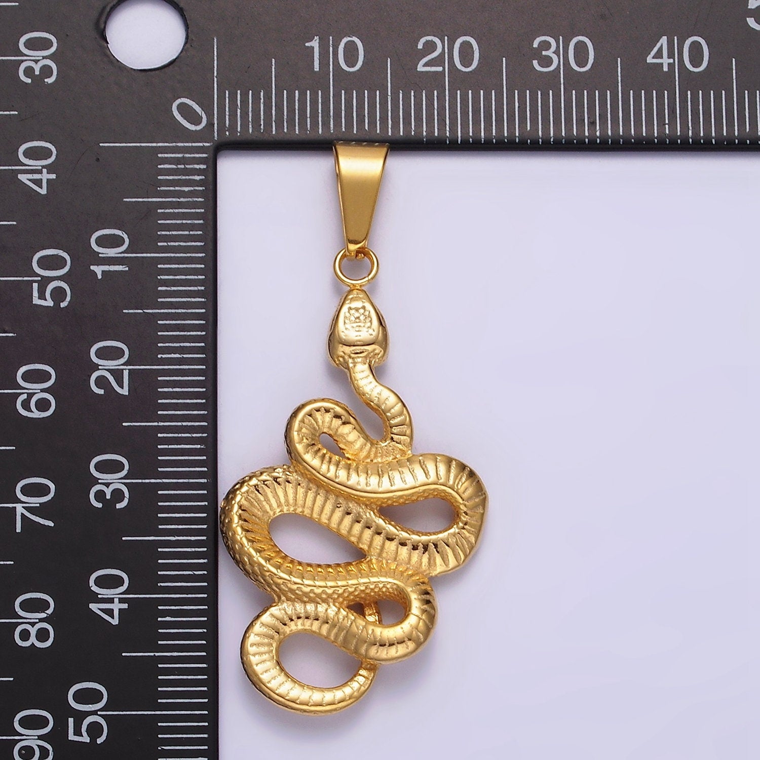 Stainless Steel 50mm Snake Charm Serpent Textured Pendant in Silver & Gold | P717