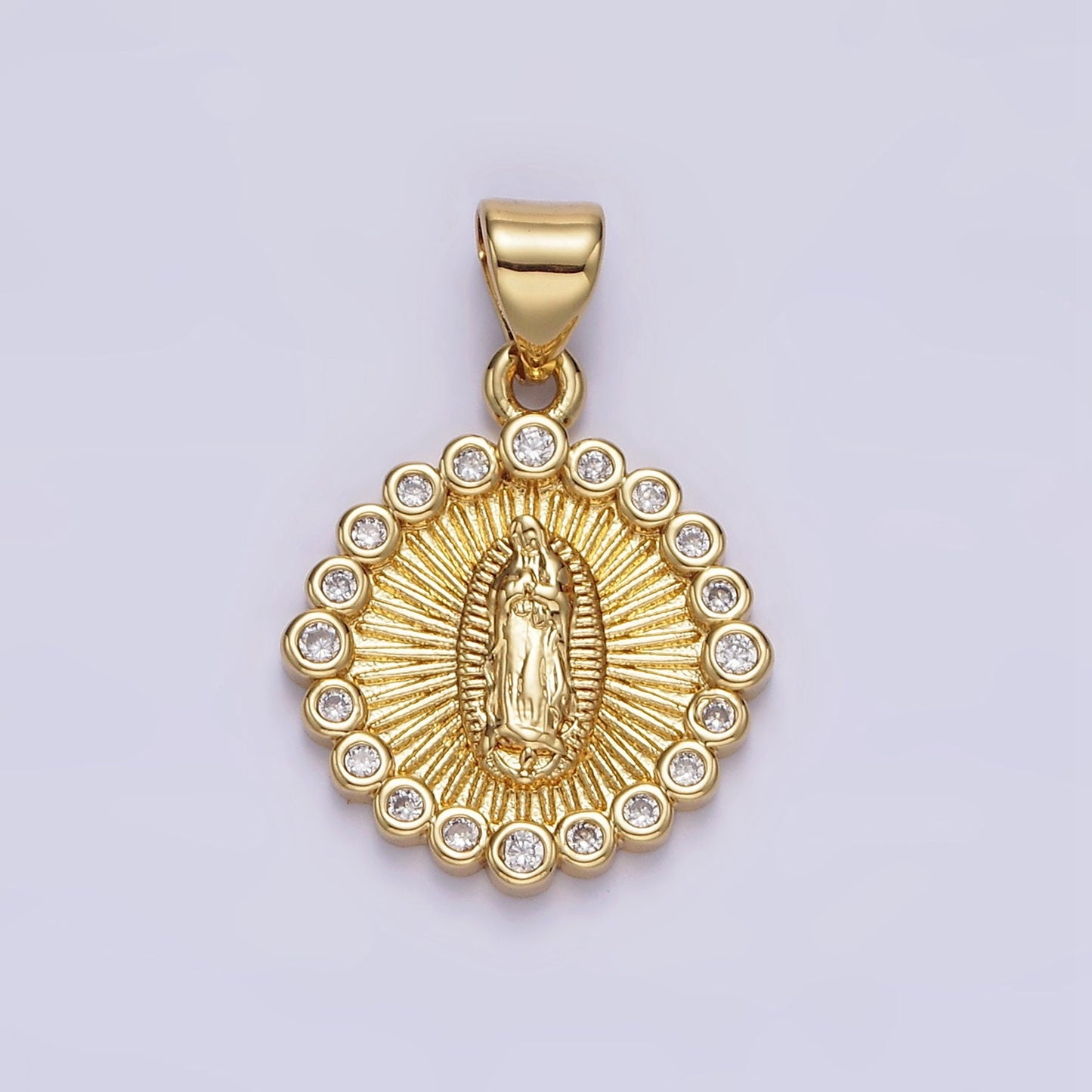 14K Gold Filed Our Lady of Guadalupe Charm Virgin Mary Lady of Lourdes Catholic Bijoux Sunburst Micro Pave CZ Charm | AA-607