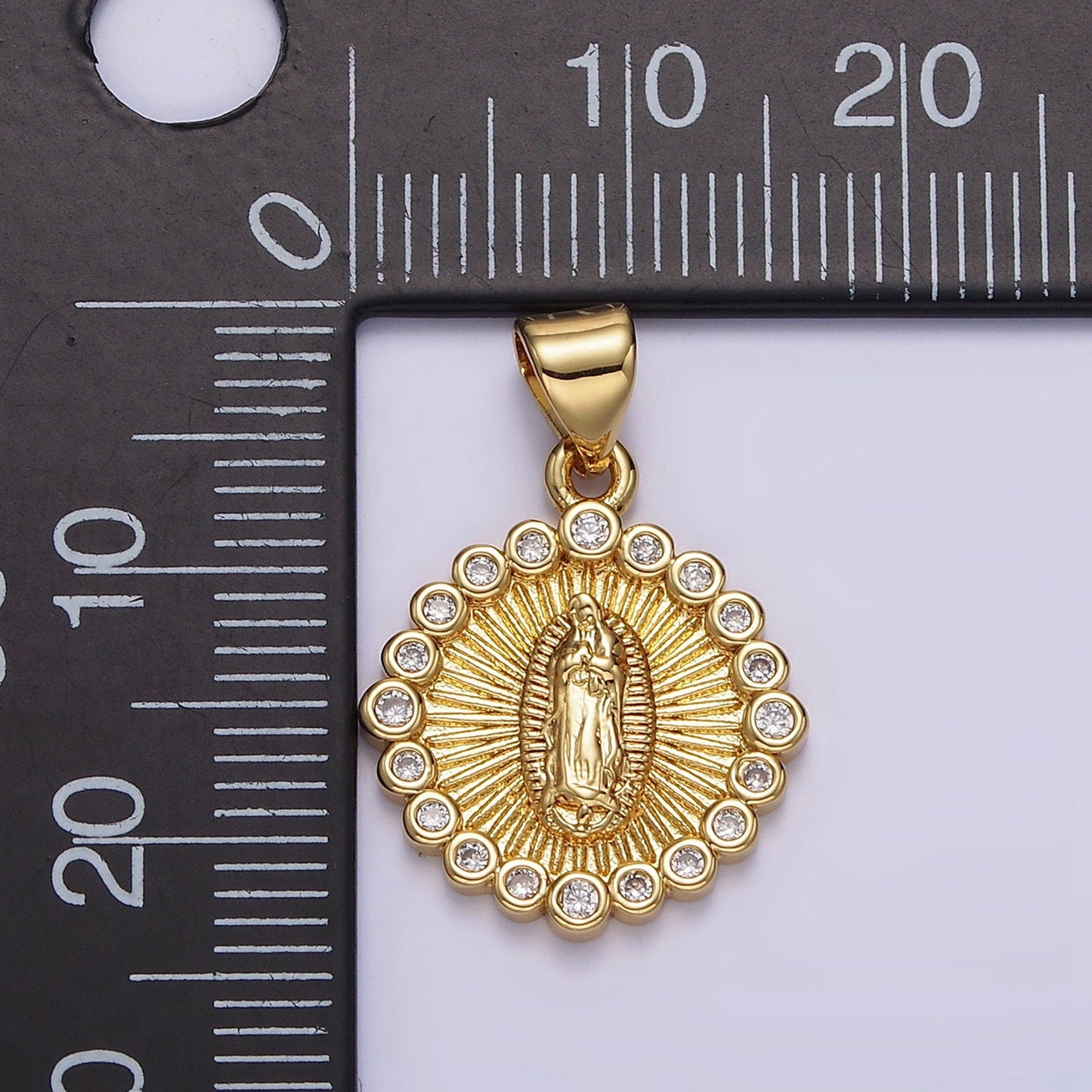 14K Gold Filed Our Lady of Guadalupe Charm Virgin Mary Lady of Lourdes Catholic Bijoux Sunburst Micro Pave CZ Charm | AA-607