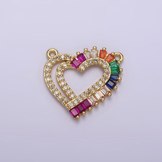 14K Gold Filled Heart Charm Connector Rainbow Multicolor Baguette Micro Paved CZ Link Connector | G653