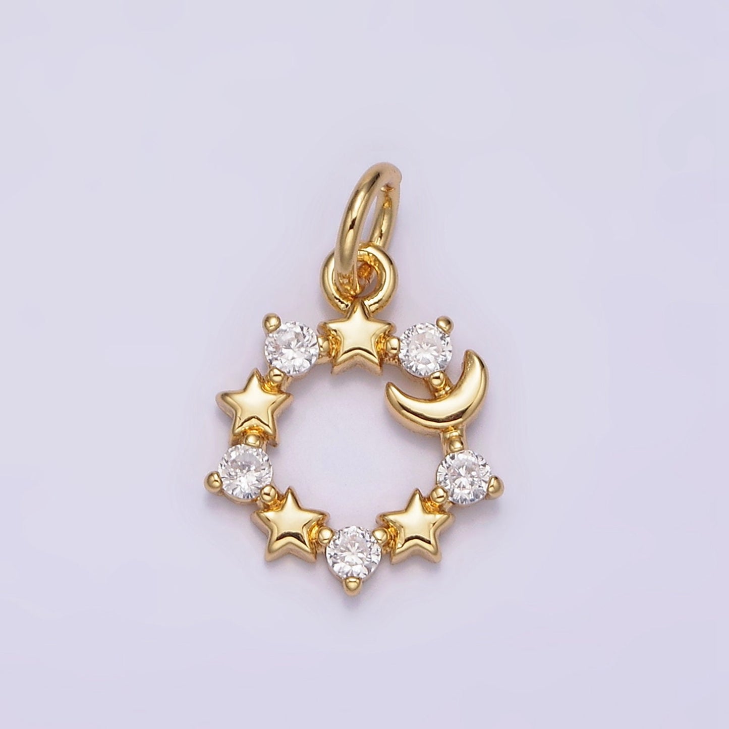 Dainty Gold Crescent Moon Mini Charm Necklace Pendant Dainty Gold Moon and Star Medallion Pendant Cubic Zirconia Celestial Jewelry N-978
