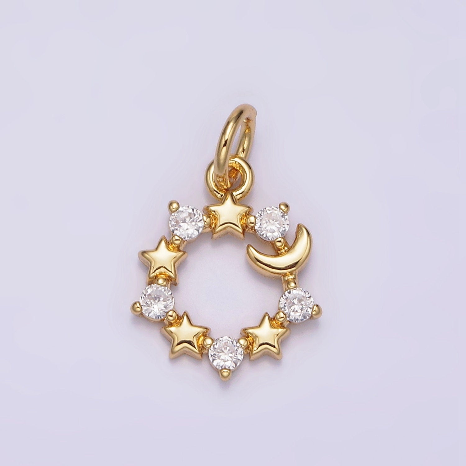 Dainty Gold Crescent Moon Mini Charm Necklace Pendant Dainty Gold Moon and Star Medallion Pendant Cubic Zirconia Celestial Jewelry N-978