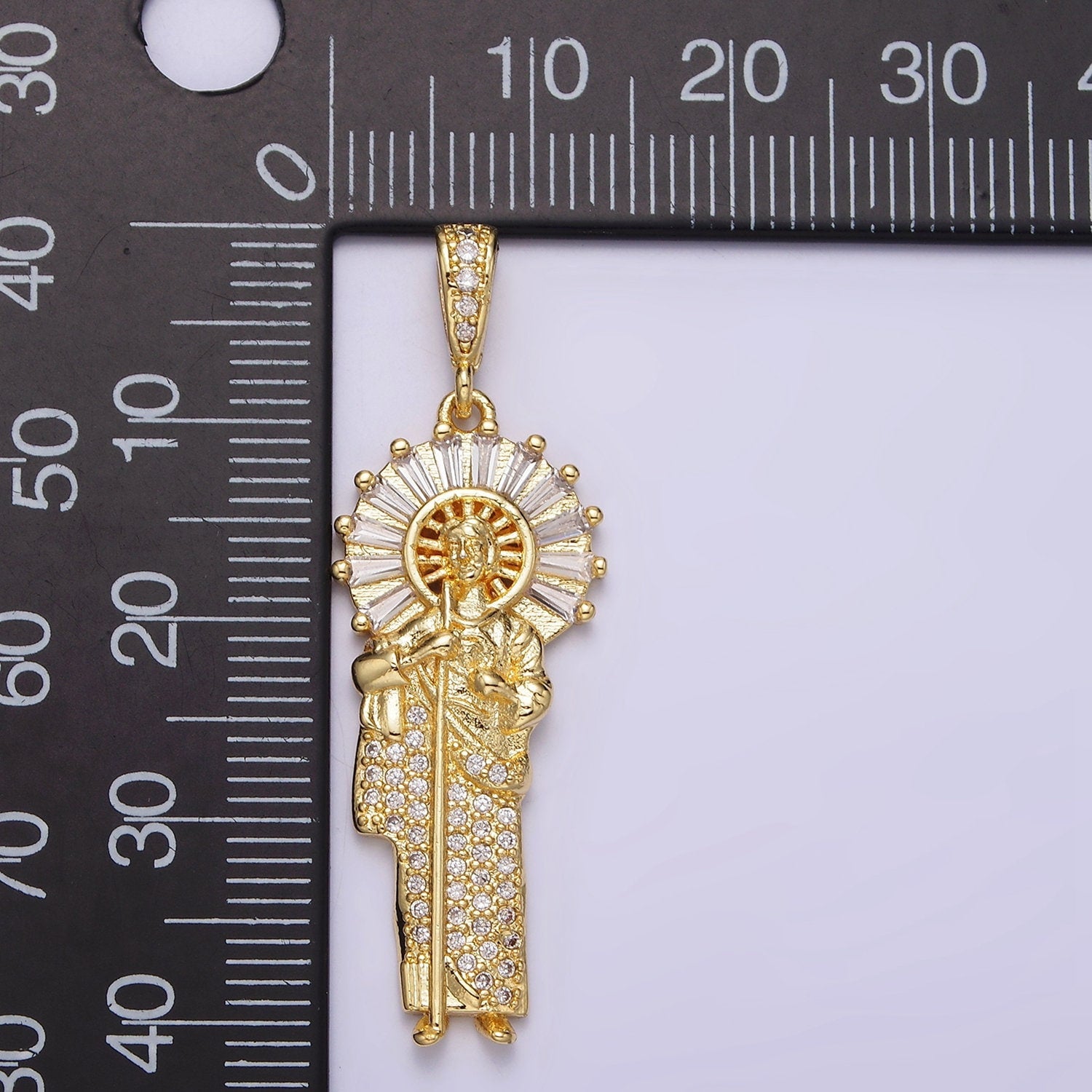 14K Gold Filled Saint Jude Charm Catholic Saint Jewelry Clear Baguette Micro Paved CZ Bail Pendant | AA609
