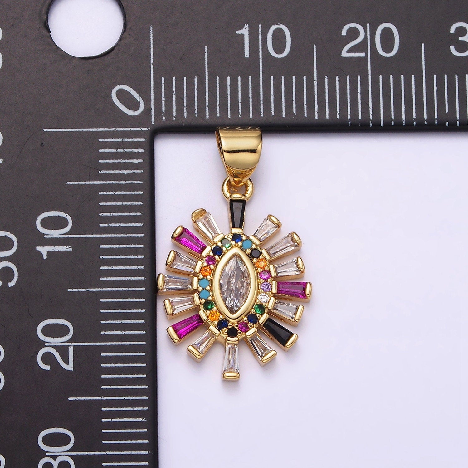 14K Gold Filled Clear Marquise Charm Rainbow Multicolor Micro Paved CZ Baguette Pendant Sunburst Bohemian Jewelry | AA612