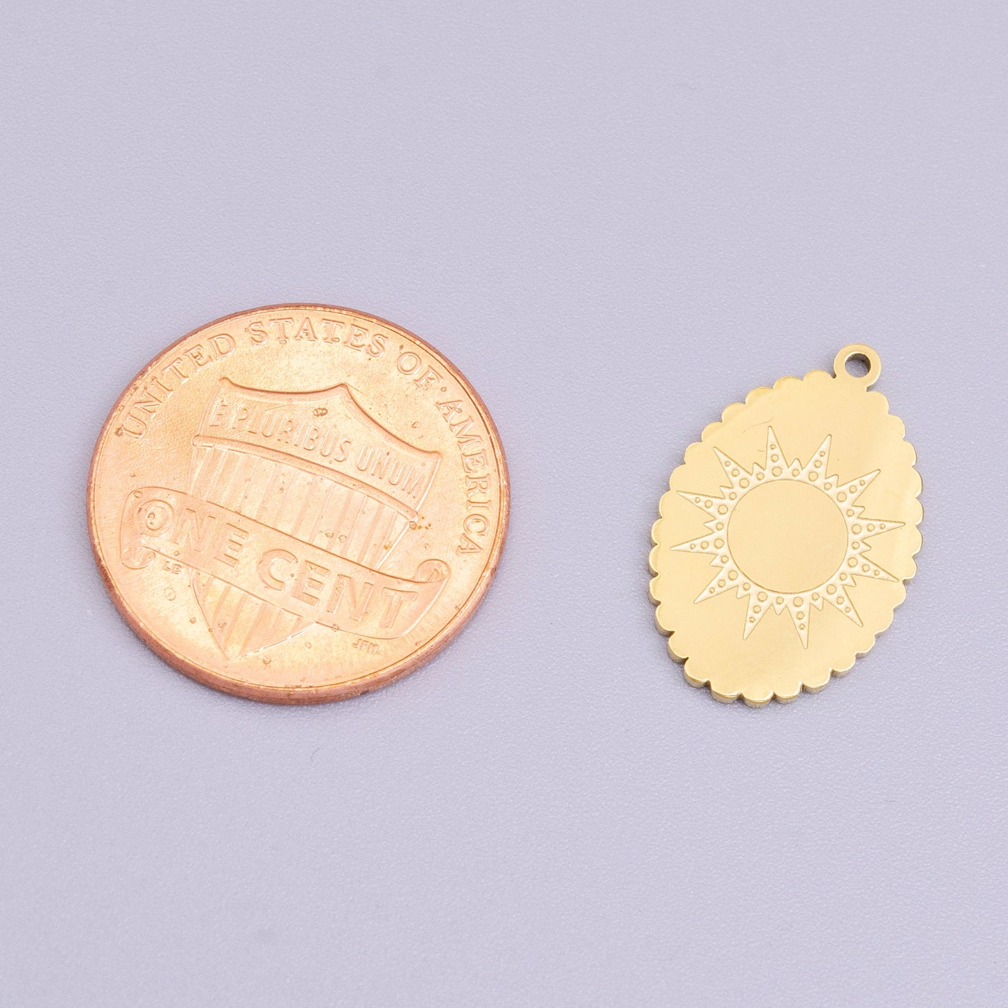 Stainless Steel Celestial Sun Engraved Rounded Oval Charm in Gold & Silver | P-914