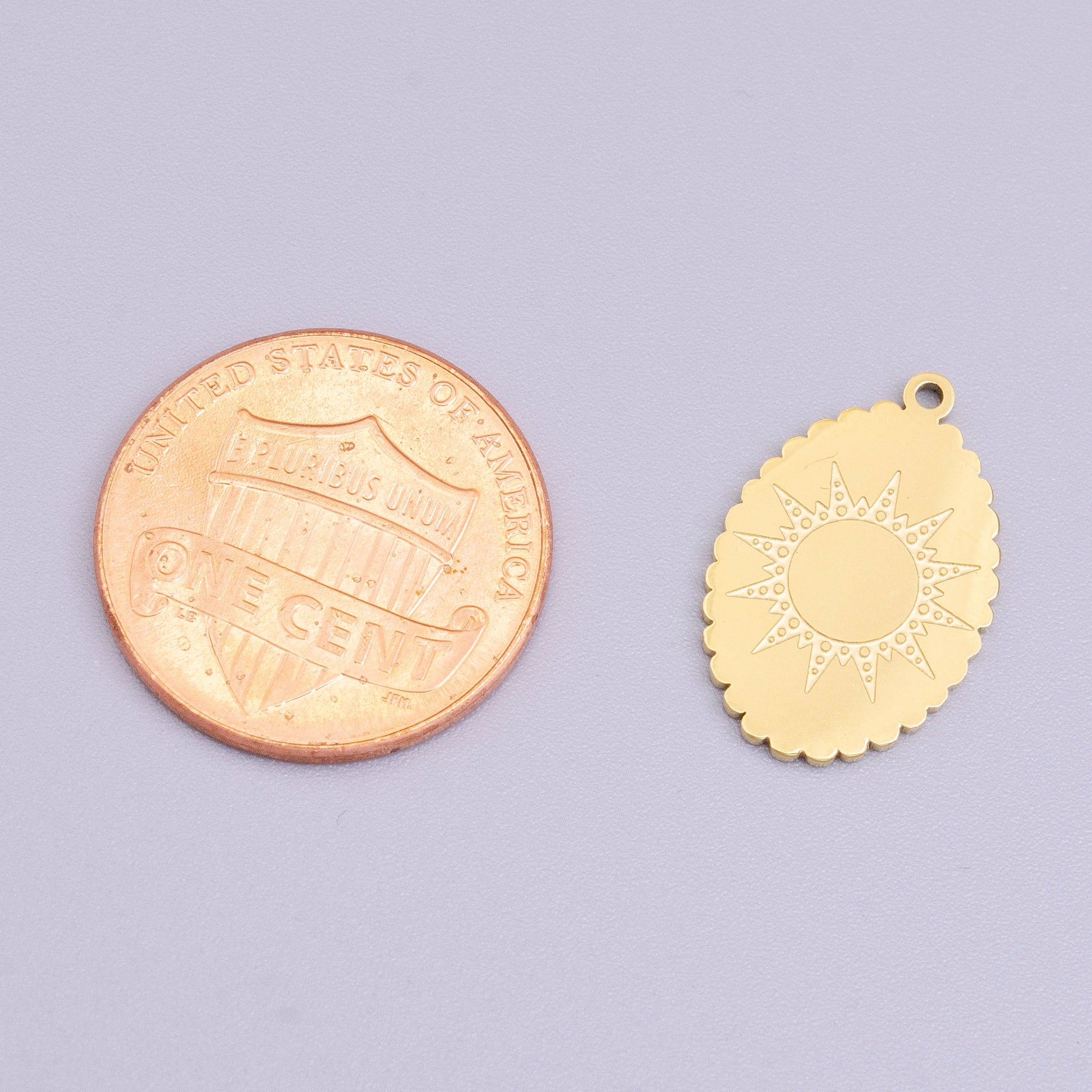 Stainless Steel Celestial Sun Engraved Rounded Oval Charm in Gold & Silver | P-914