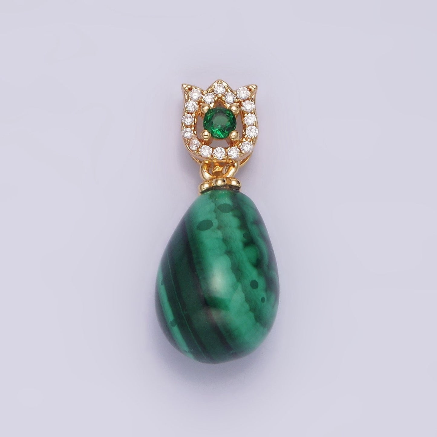 Green Malachite Tear Drop Cabochon Charm 16K Gold Filled Oval Pendant with Micro Pave Flower Bail AA615