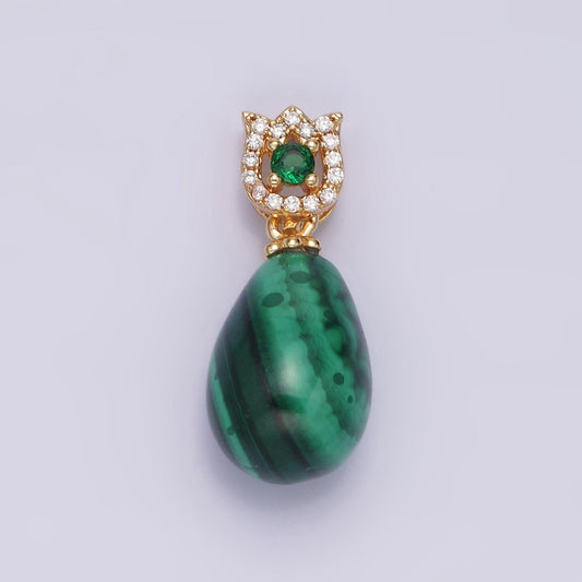Green Malachite Tear Drop Cabochon Charm 16K Gold Filled Oval Pendant with Micro Pave Flower Bail AA615