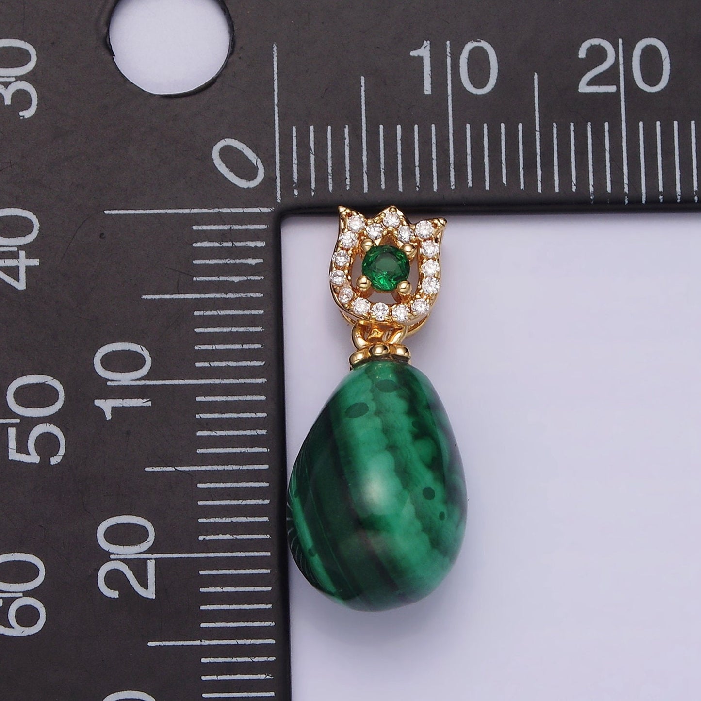 Green Malachite Tear Drop Cabochon Charm 16K Gold Filled Oval Pendant with Micro Pave Flower Bail AA615