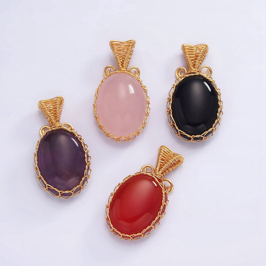 Handmade Crystal Wire Wrapped Necklaces Pendant Rose Quartz Amethyst Onyx Healing Stone Oval Gemstone Necklaces Charm AA621