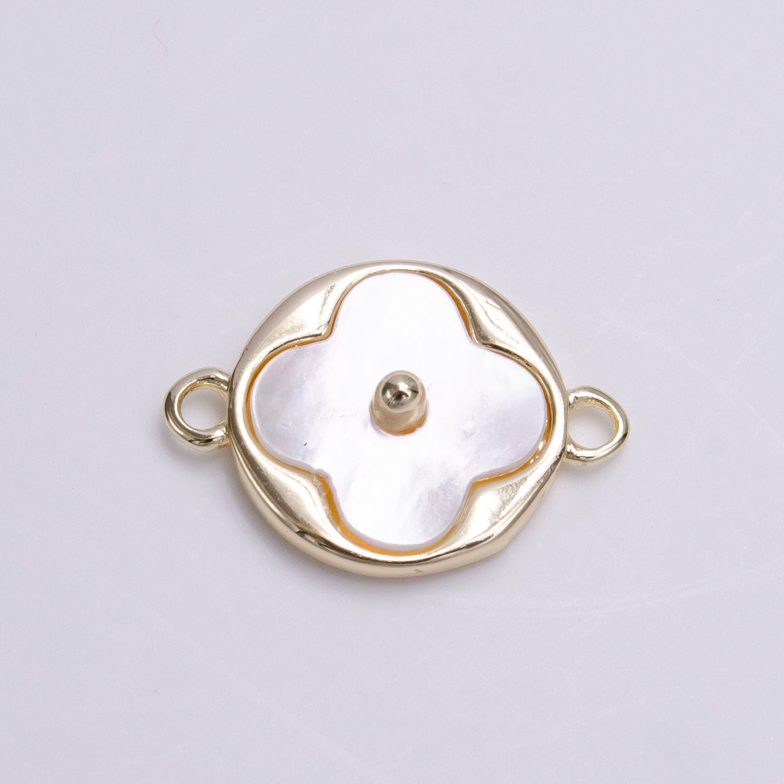 14K Gold Filled 11mm White Shell Pearl Quatrefoil Clover Round Connector | Y751