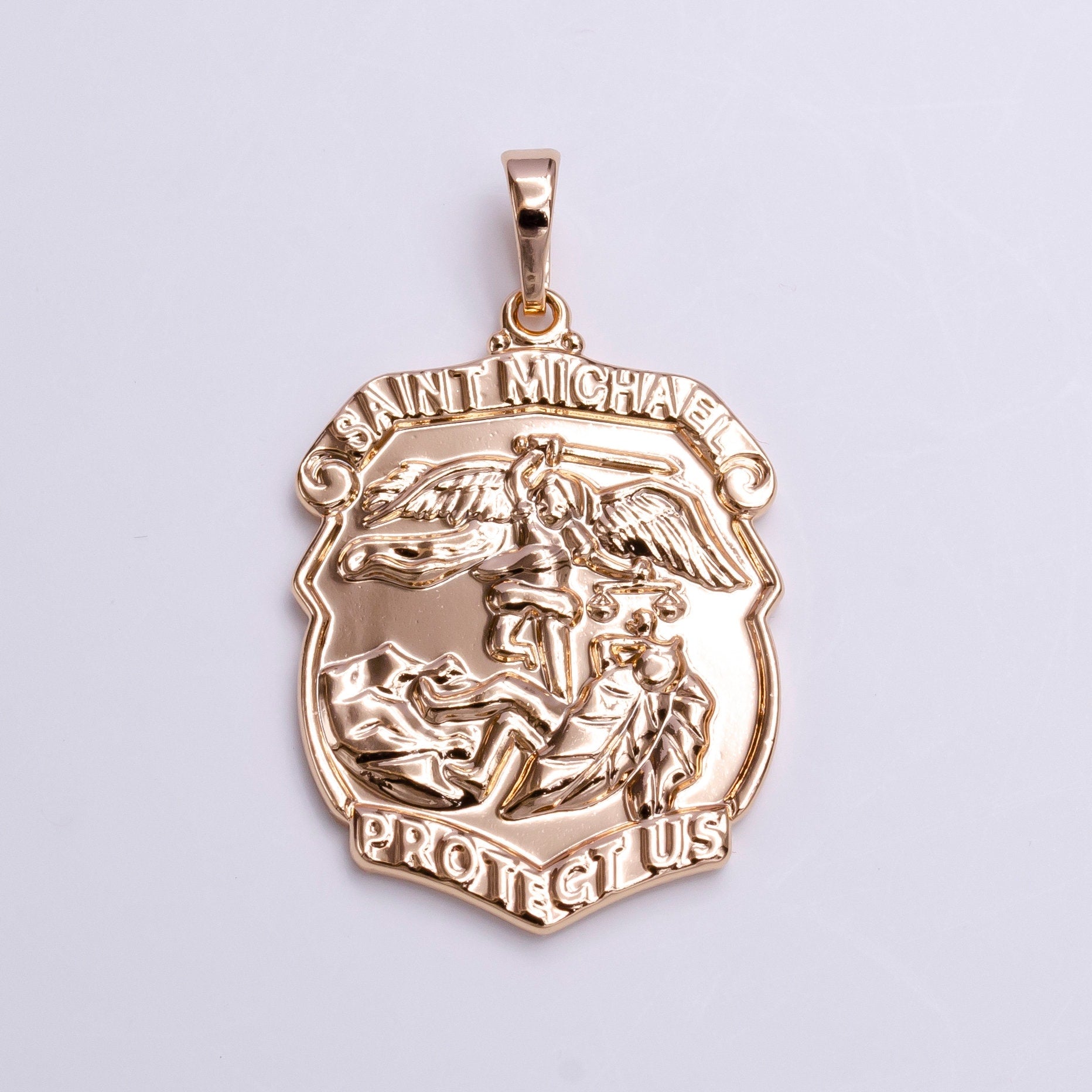 18k"Saint Michael Protect Us" Prayer Engraved Double Sided Rosey Gold Pendant | AA396