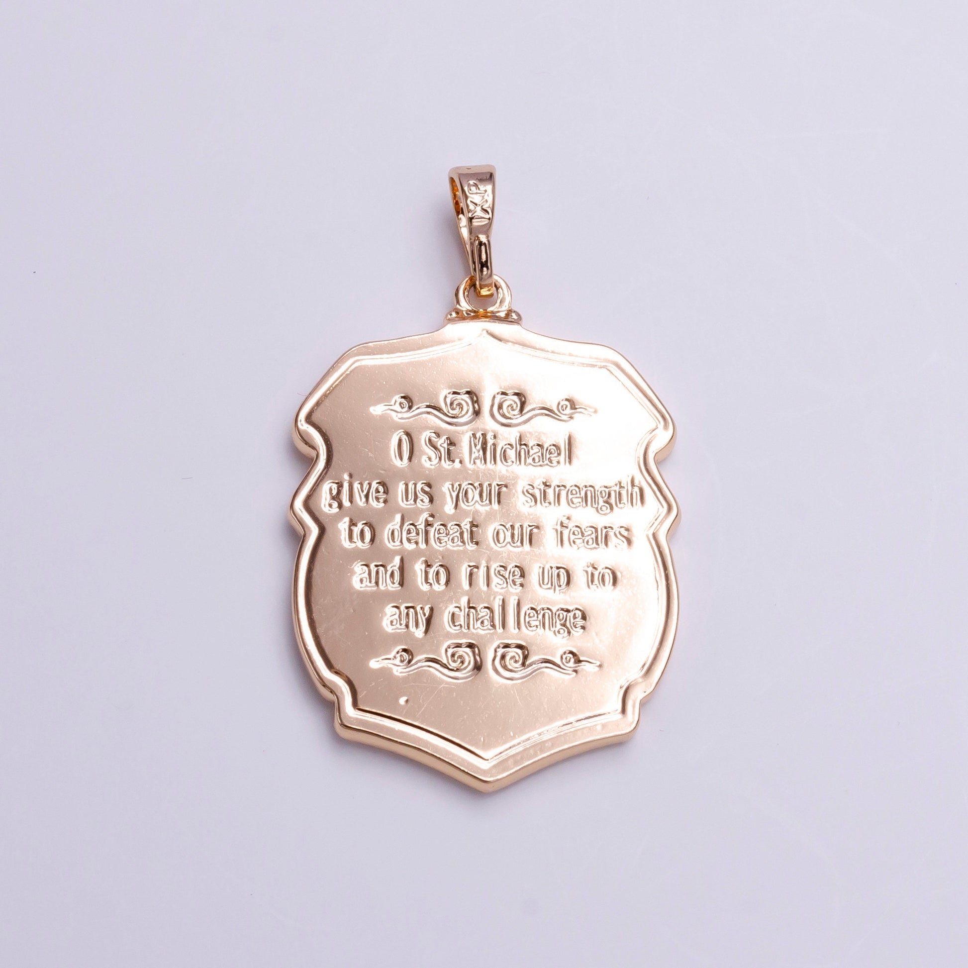 18k"Saint Michael Protect Us" Prayer Engraved Double Sided Rosey Gold Pendant | AA396