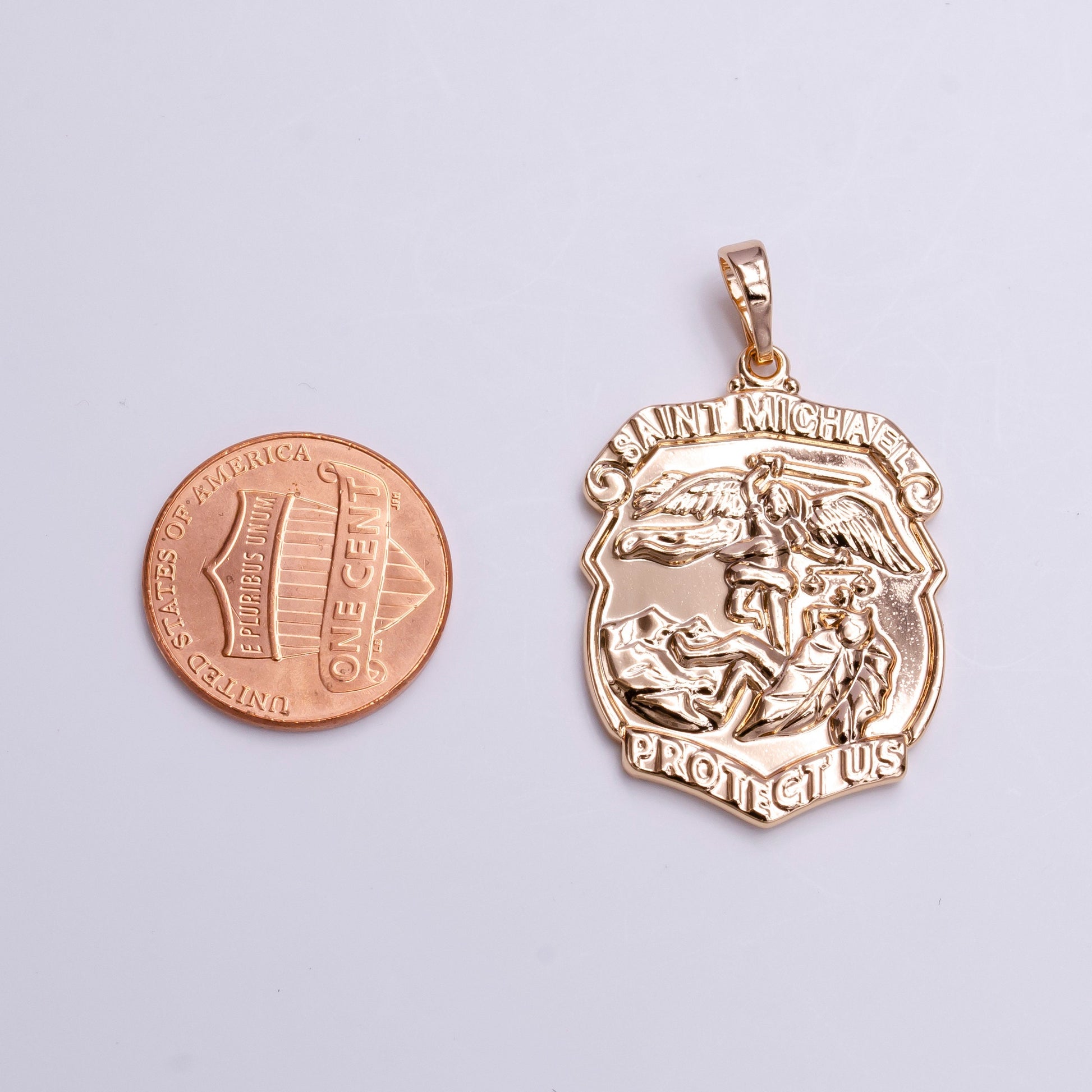 18k"Saint Michael Protect Us" Prayer Engraved Double Sided Rosey Gold Pendant | AA396