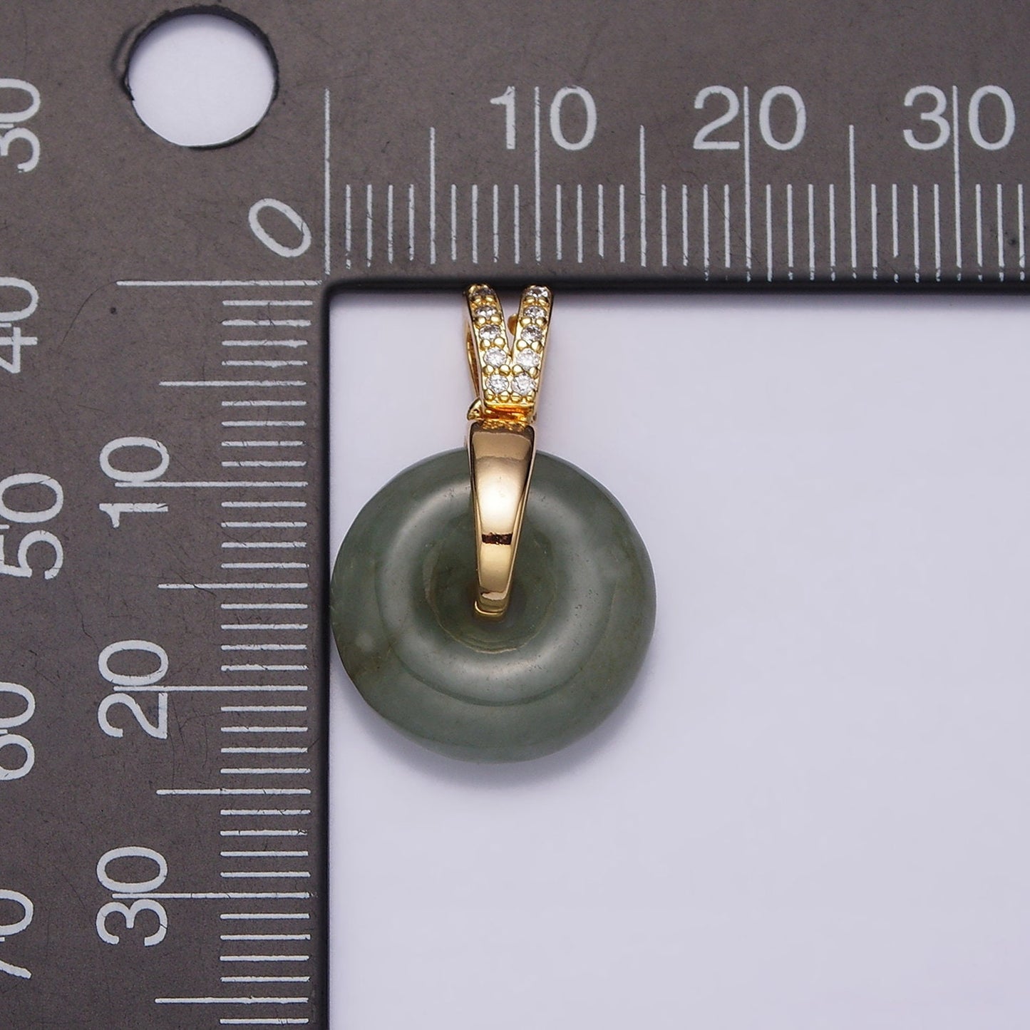 16K Gold Filled Natural Malaysian Green Jade Donut Double Micro Paved Band Bail Pendant | AA780