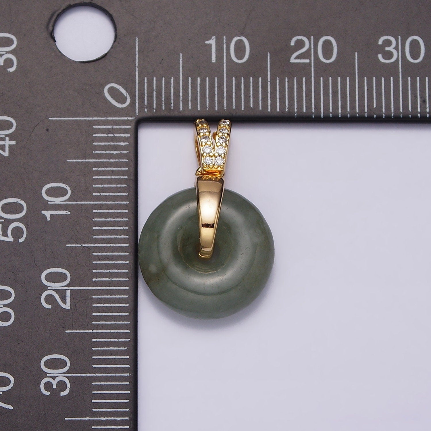 16K Gold Filled Natural Malaysian Green Jade Donut Double Micro Paved Band Bail Pendant | AA780