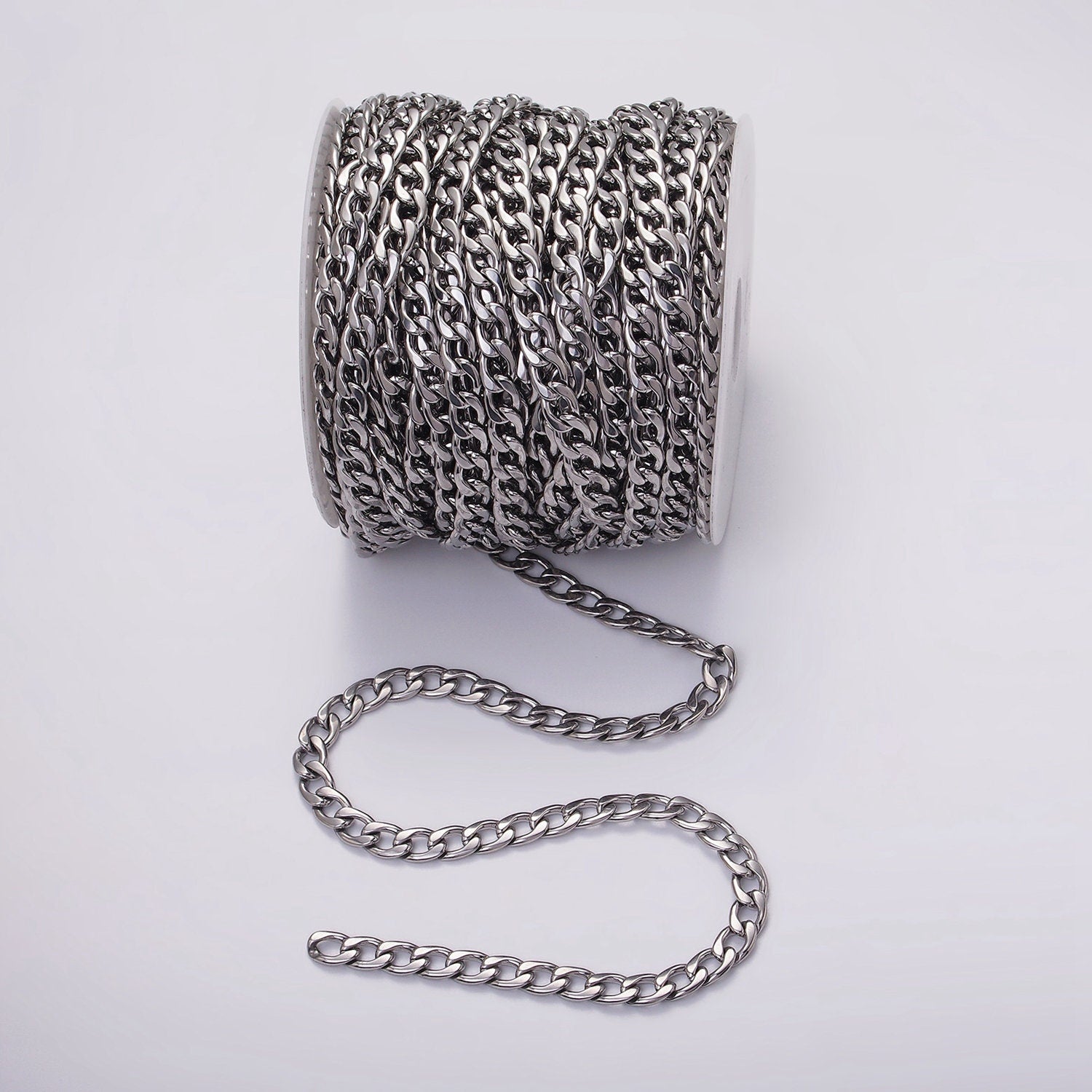 White Gold Filled 7.5mm Cuban Concave Flat Curb Unfinished Chain For Jewelry Making | ROLL-1489