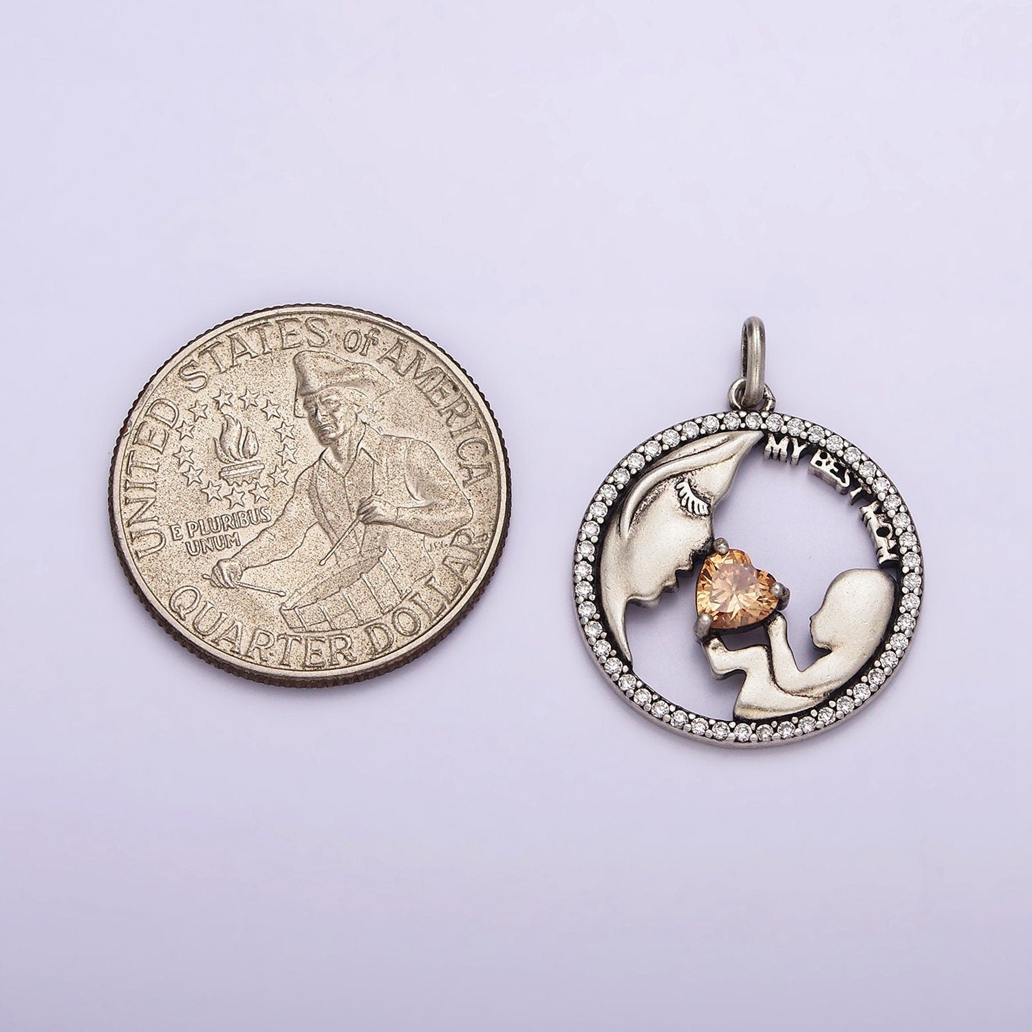 Micro Pave Pendant Sterling Silver S925 Mon and Son Daughters Coin Charm for Mom to Be Mother Day | SL-315