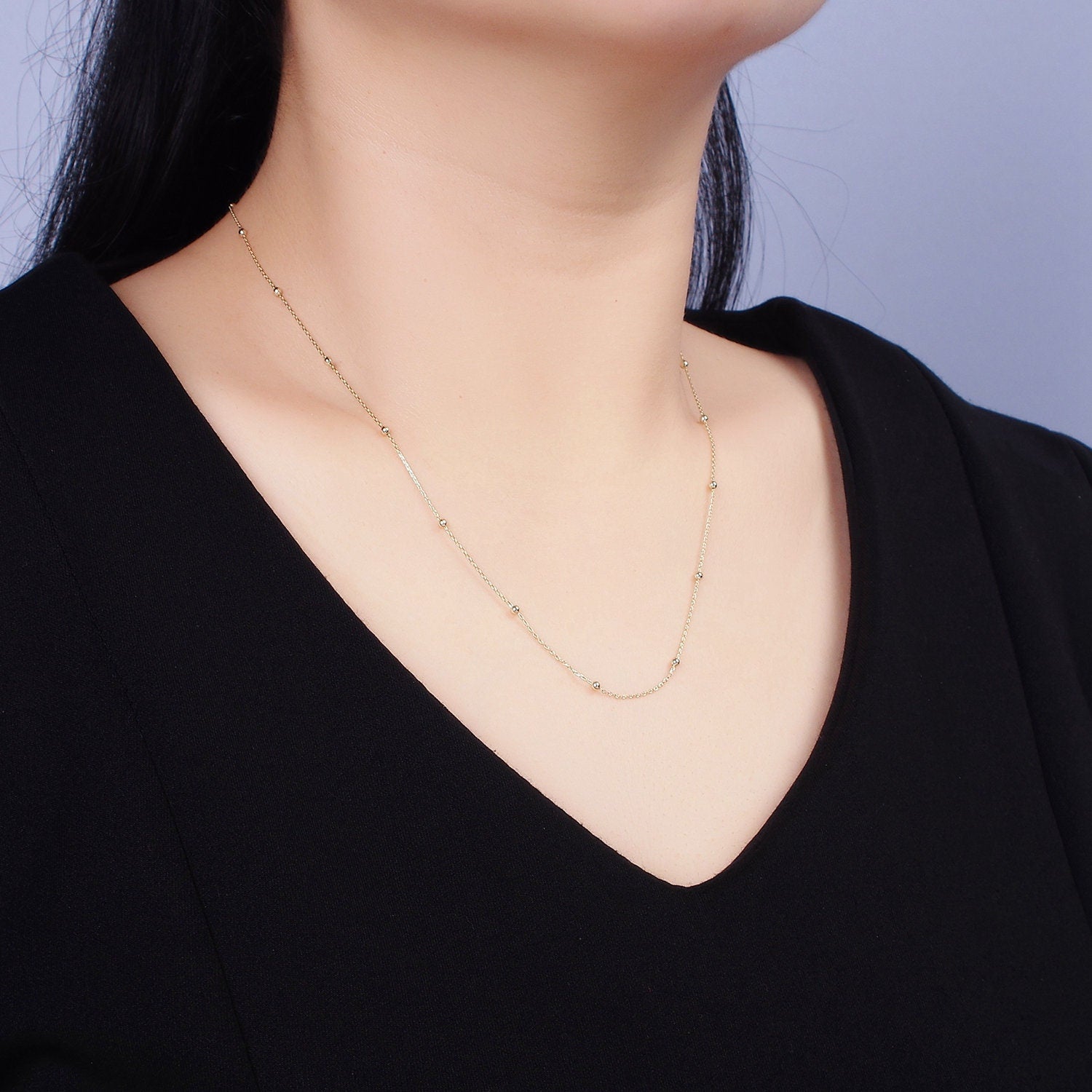 14K Gold Filled 0.5mm Dainty Satellite Beaded Cable Chain 18 Inch Layering Necklace | WA-1930